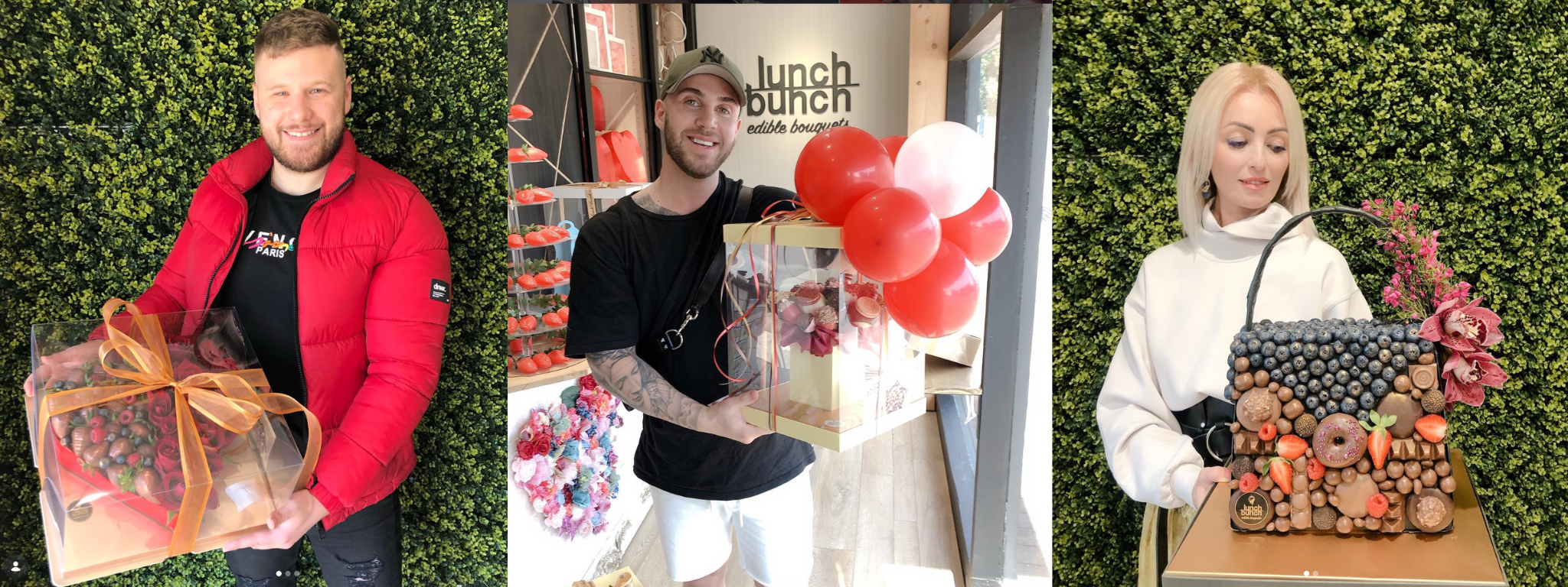 Lunch bunch customers holding gift boxes with fruits and desserts