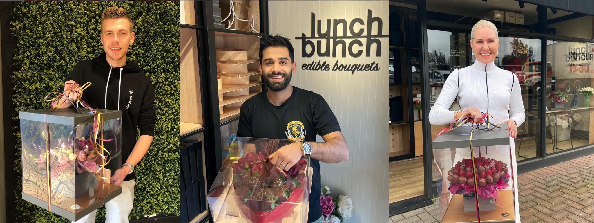 Happy Lunch Bunch customer holding a luxury edible gift box after delivery