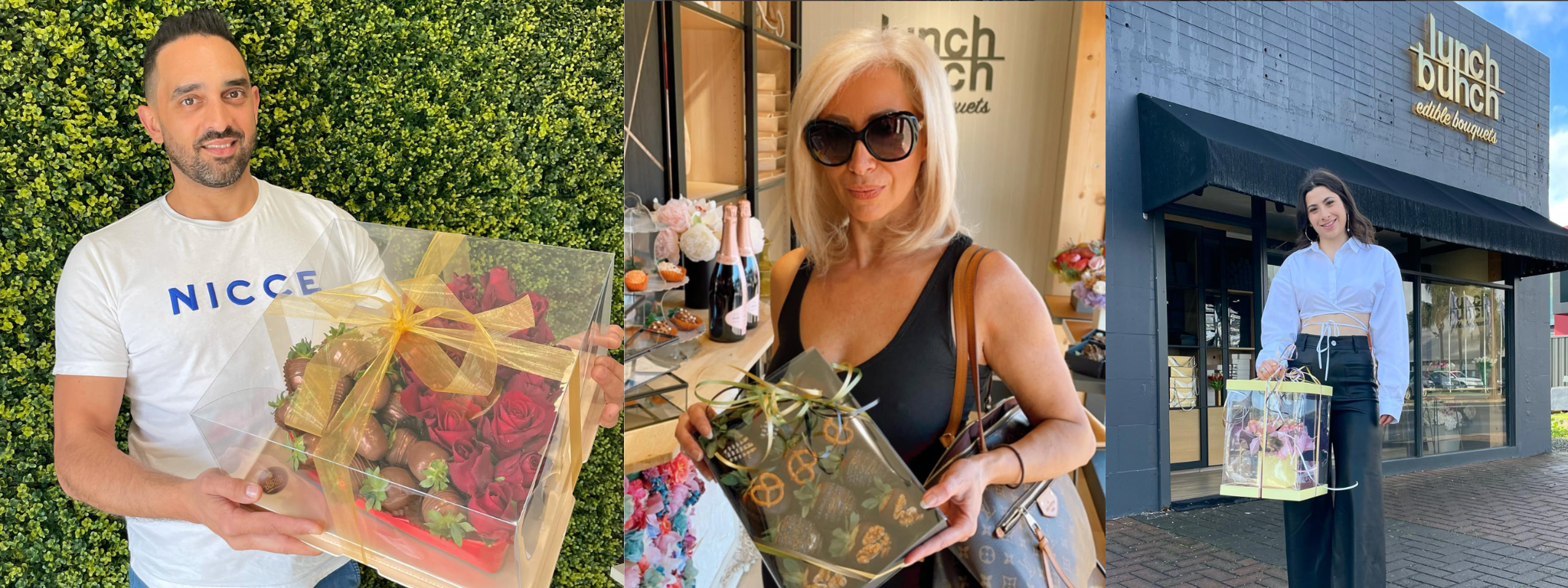 Real customer holding a Lunch Bunch luxury edible gift box after same-day delivery