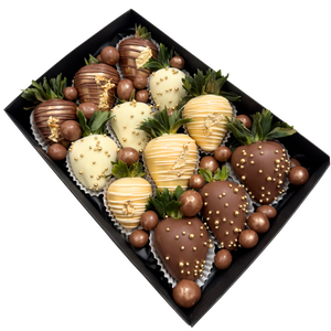 Luxury chocolate strawberry gift box with milk and white chocolate strawberries in a gold colour scheme, presented with fruit and nut chocolate balls, Melbourne & Adelaide delivery