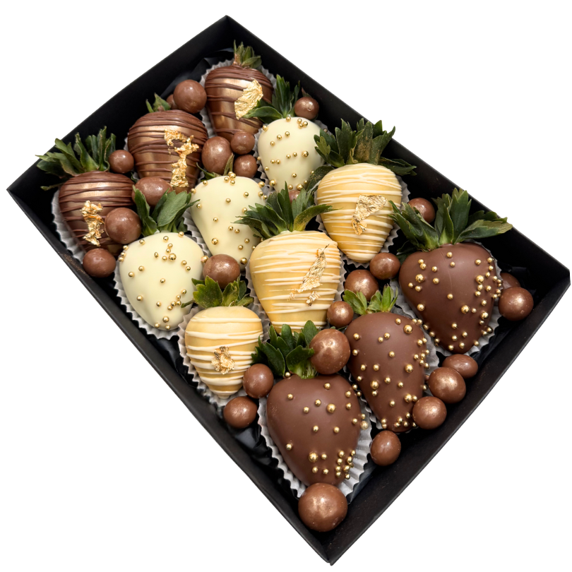 Luxury chocolate strawberry gift box with milk and white chocolate strawberries in a gold colour scheme, presented with fruit and nut chocolate balls, Melbourne & Adelaide delivery