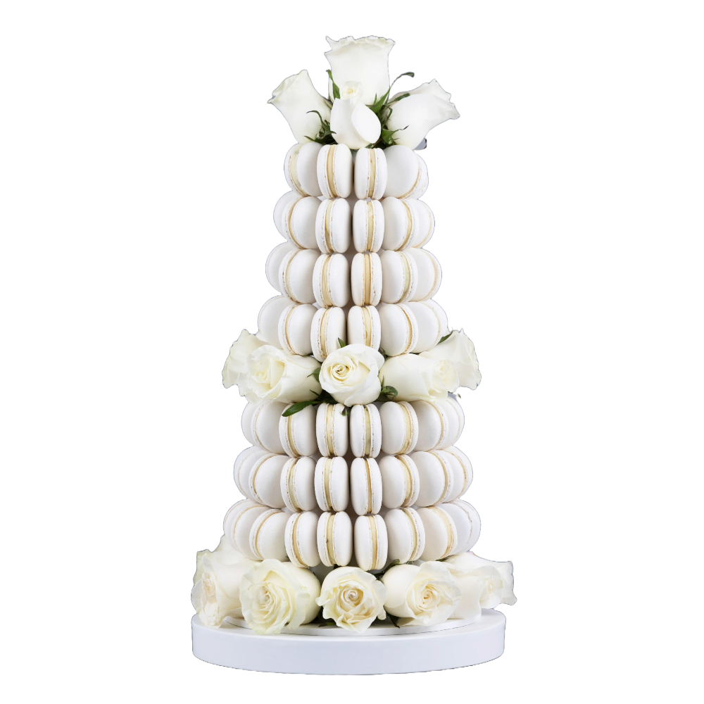 Macaron Tower with Flowers Wedding dessert Centrepiece 