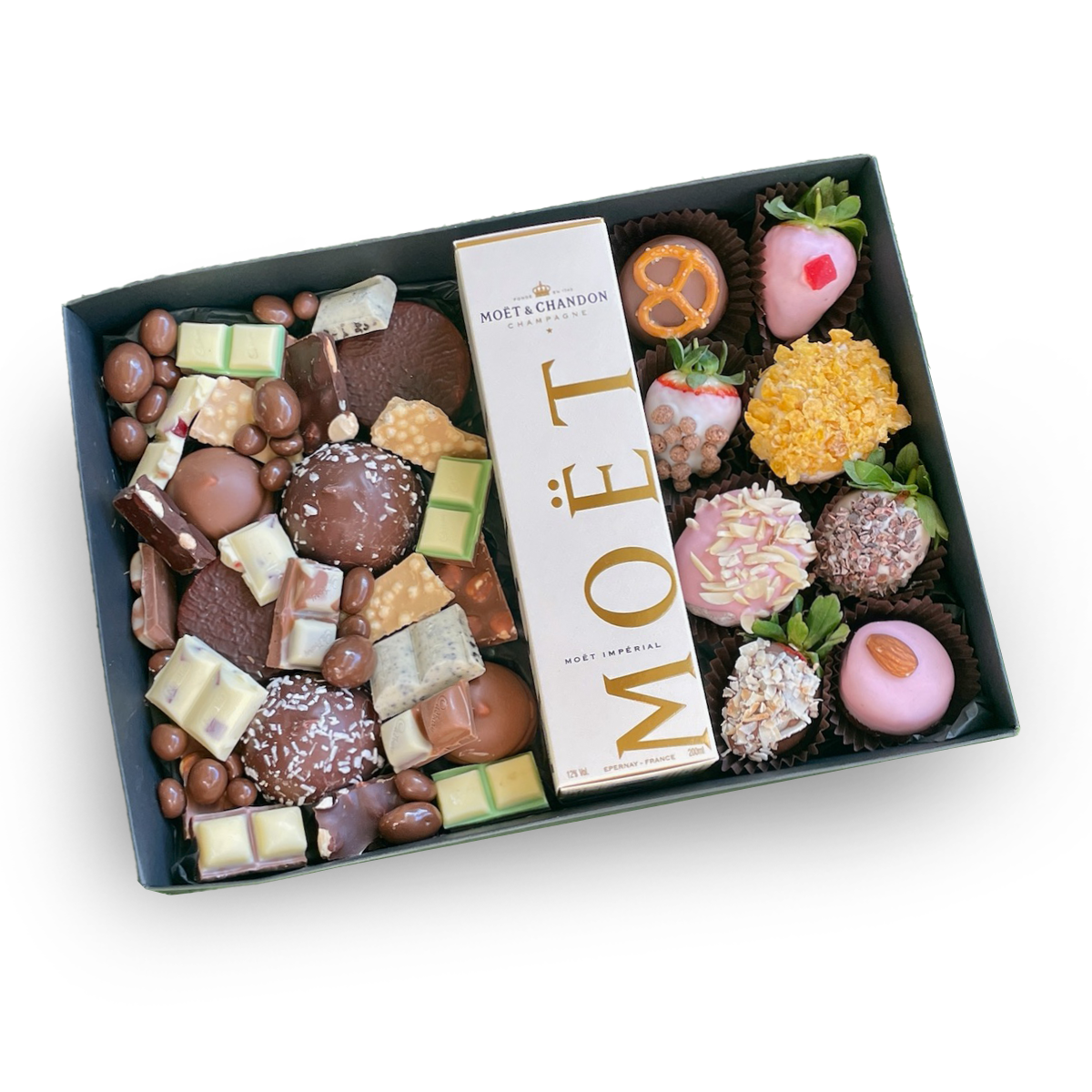 gift hamper, donut delivery, chocolate and moet, champagne and chocolate hamper