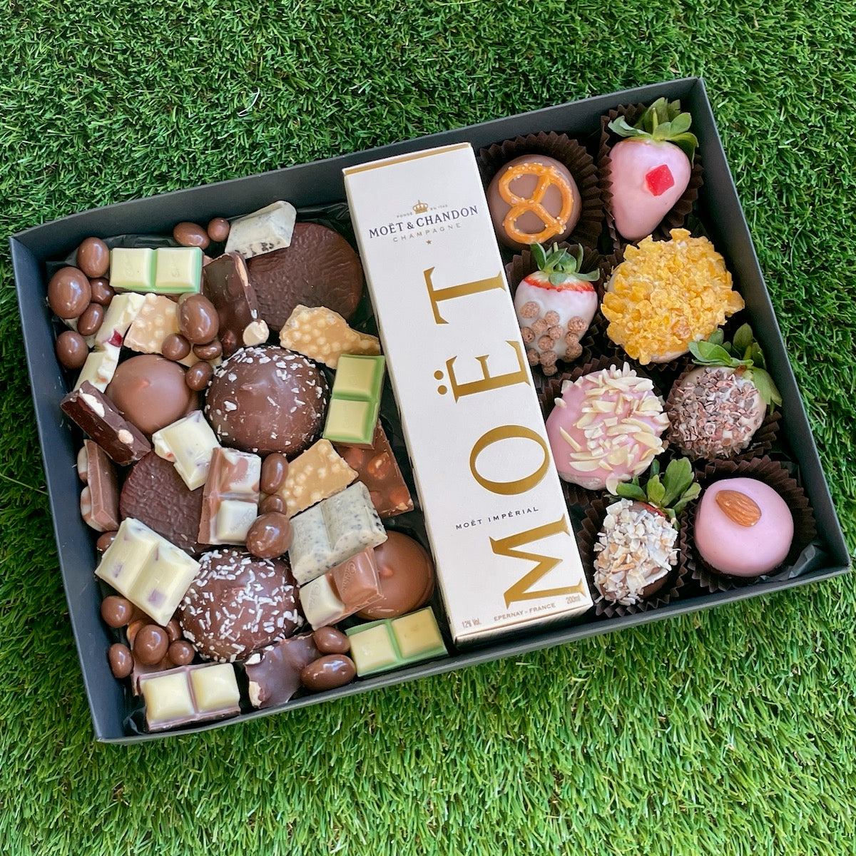 gift hamper, donut delivery, chocolate and moet, champagne and chocolate hamper, assortment chocolate box