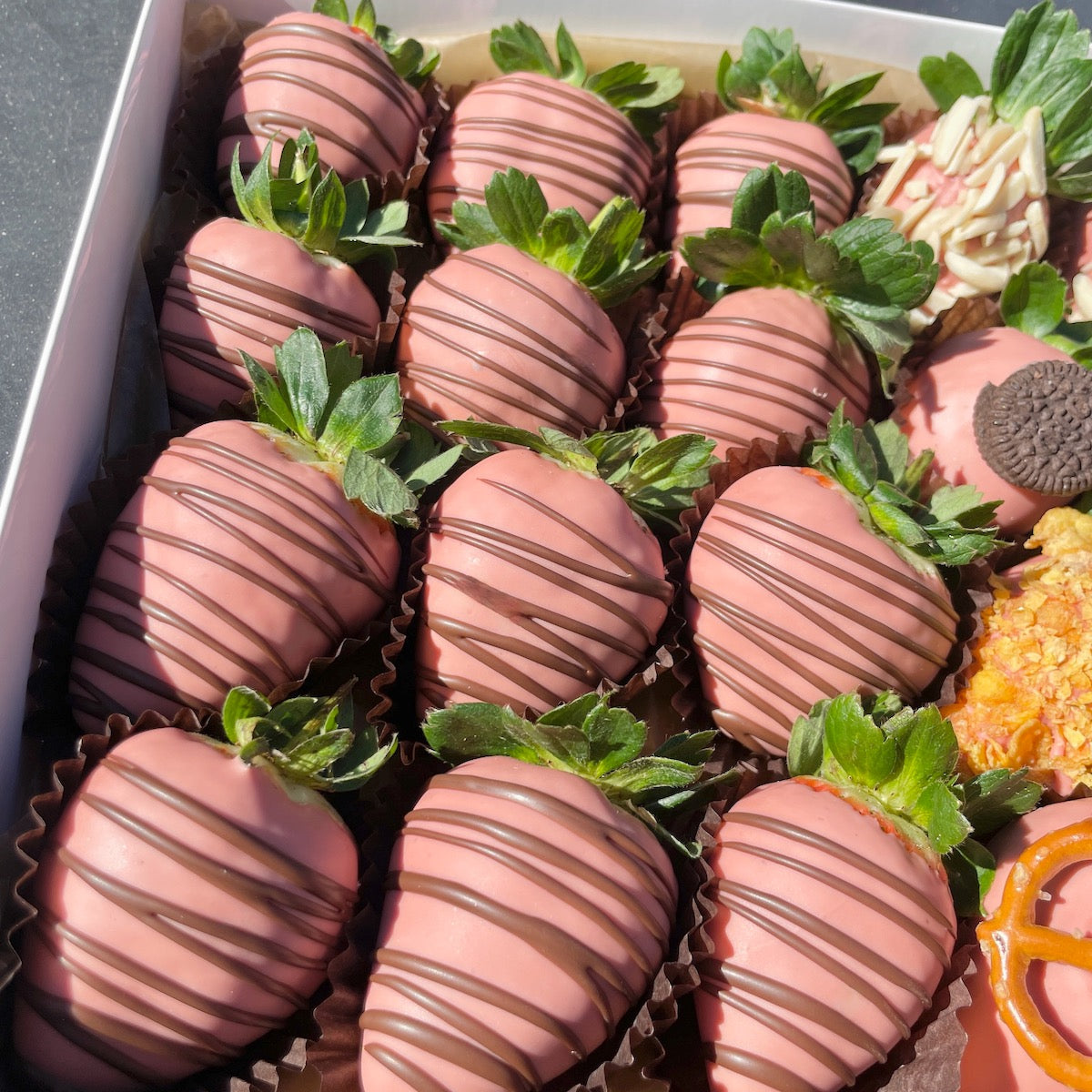 pink and milk chocolate dipped strawberries gift hamper
