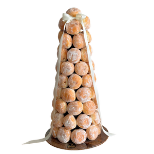 Rustic donut tower made with Nutella and salted caramel bombolini donuts, styled as an event dessert centrepiece for weddings and celebrations in Melbourne and Adelaide