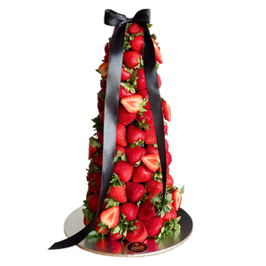 Strawberry tower with a black ribbon on a white background
