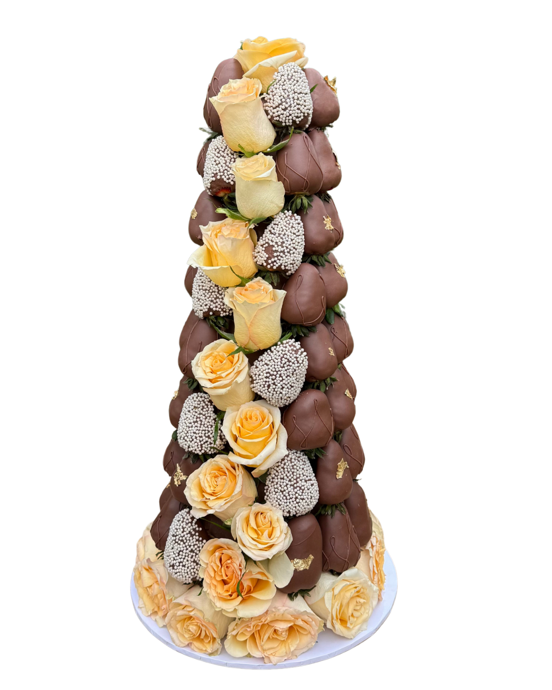 Handcrafted milk chocolate strawberry and rose tower centrepiece for parties and celebrations