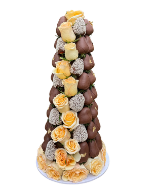 Handcrafted milk chocolate strawberry and rose tower centrepiece for parties and celebrations