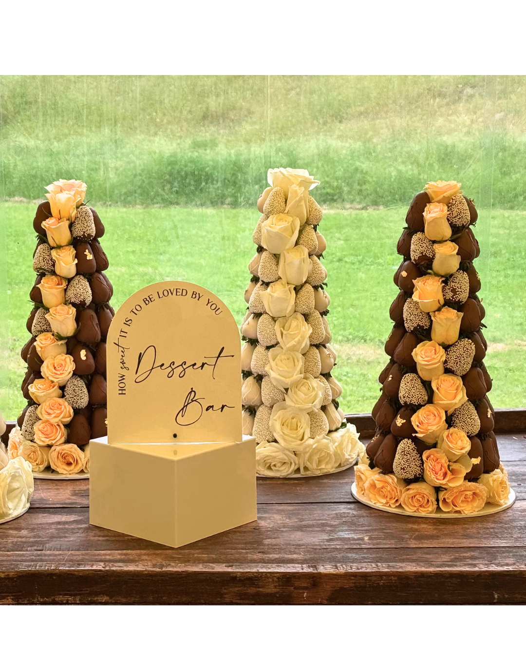 Milk Chocolate Strawberry Tower with fresh roses for Melbourne weddings and Adelaide events