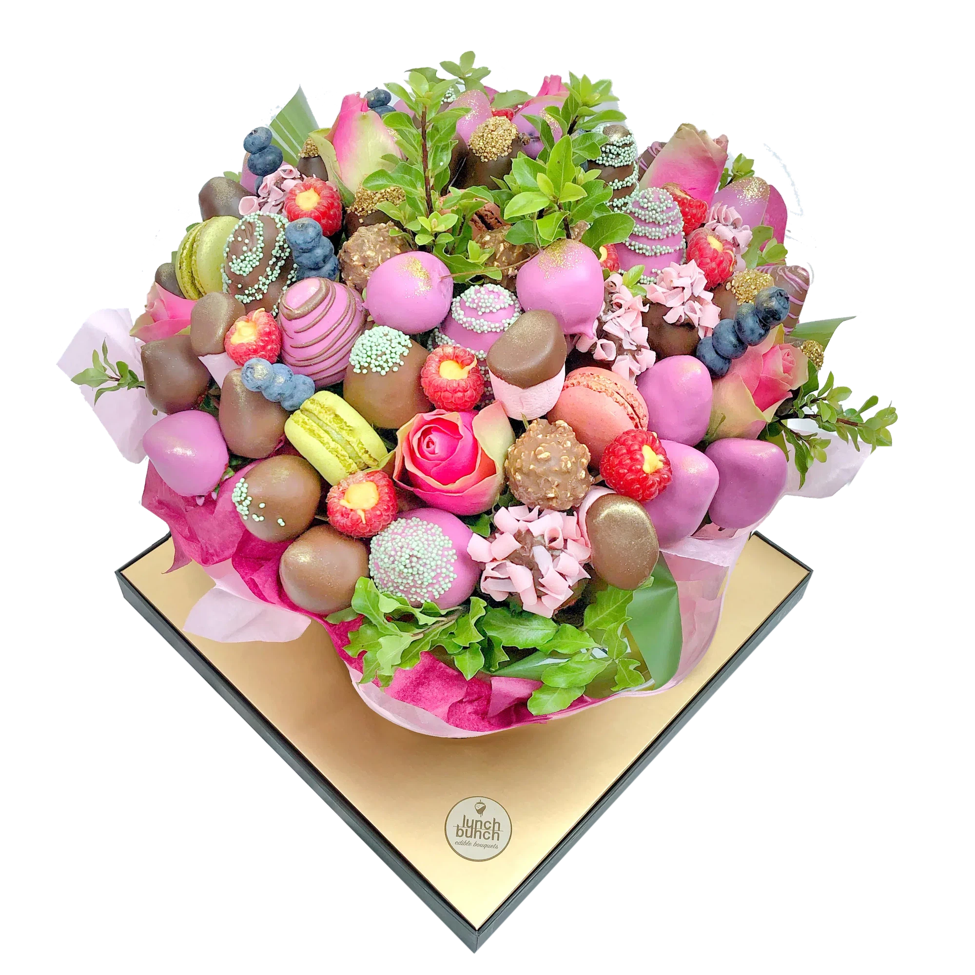 "Allure" Chocolate Blooms Edible bouquet engagement present baby shower gift of chocolate strawberry bouquet with milk and the ruby chocolate gift box same day delivery