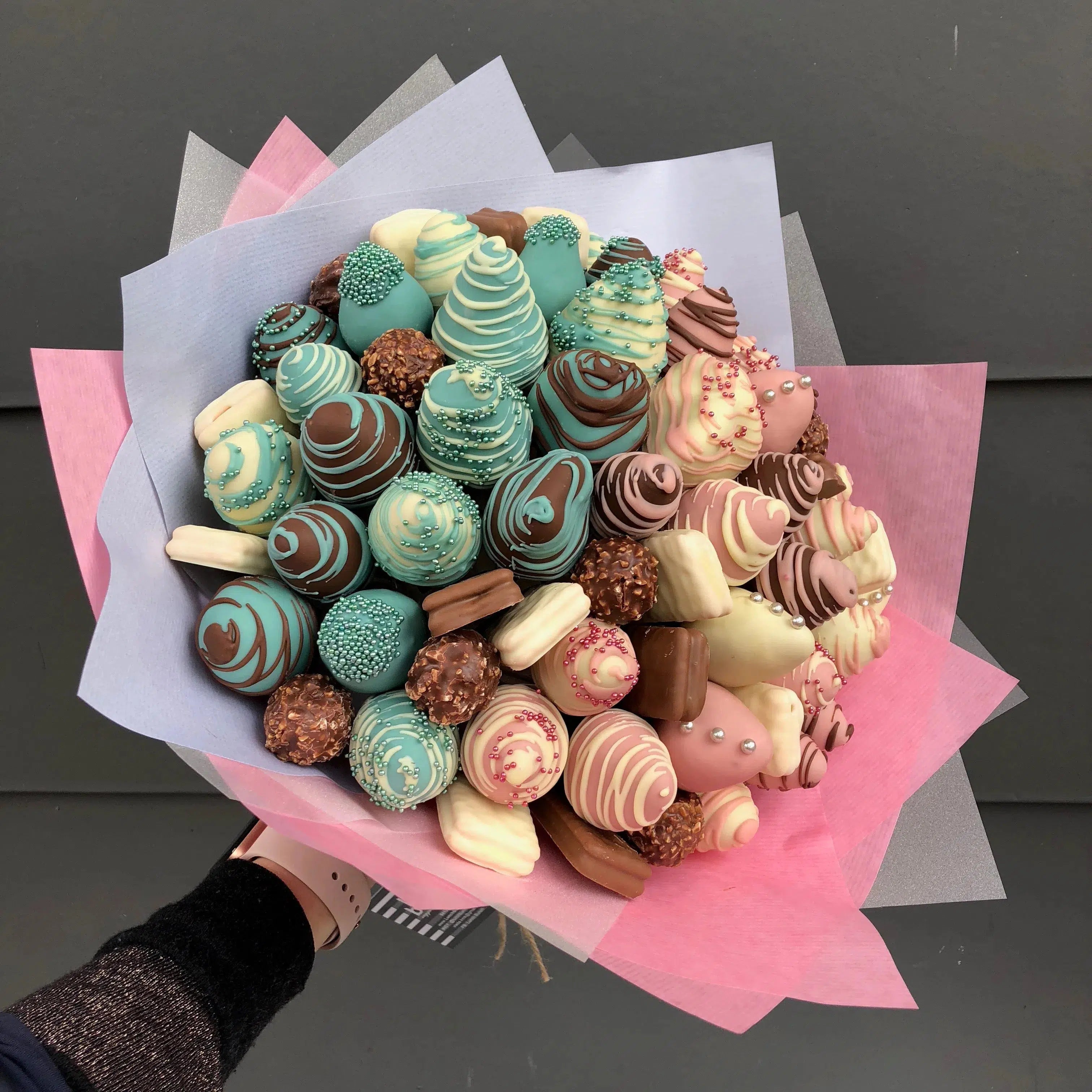 Blue & Pink Chocolate Strawberry Bouquet-Chocolate Strawberry Bouquets-Medium-Lunch Bunch