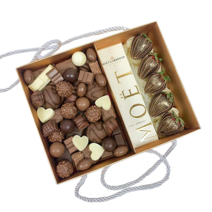 Chocolate Assortment, Strawberries & Moet Champagne Gift Hamper chocolate delivery champagne gift hamper same day delivery Adelaide chocolate dip strawberries gift hamper chocolate covered strawberries same day delivery