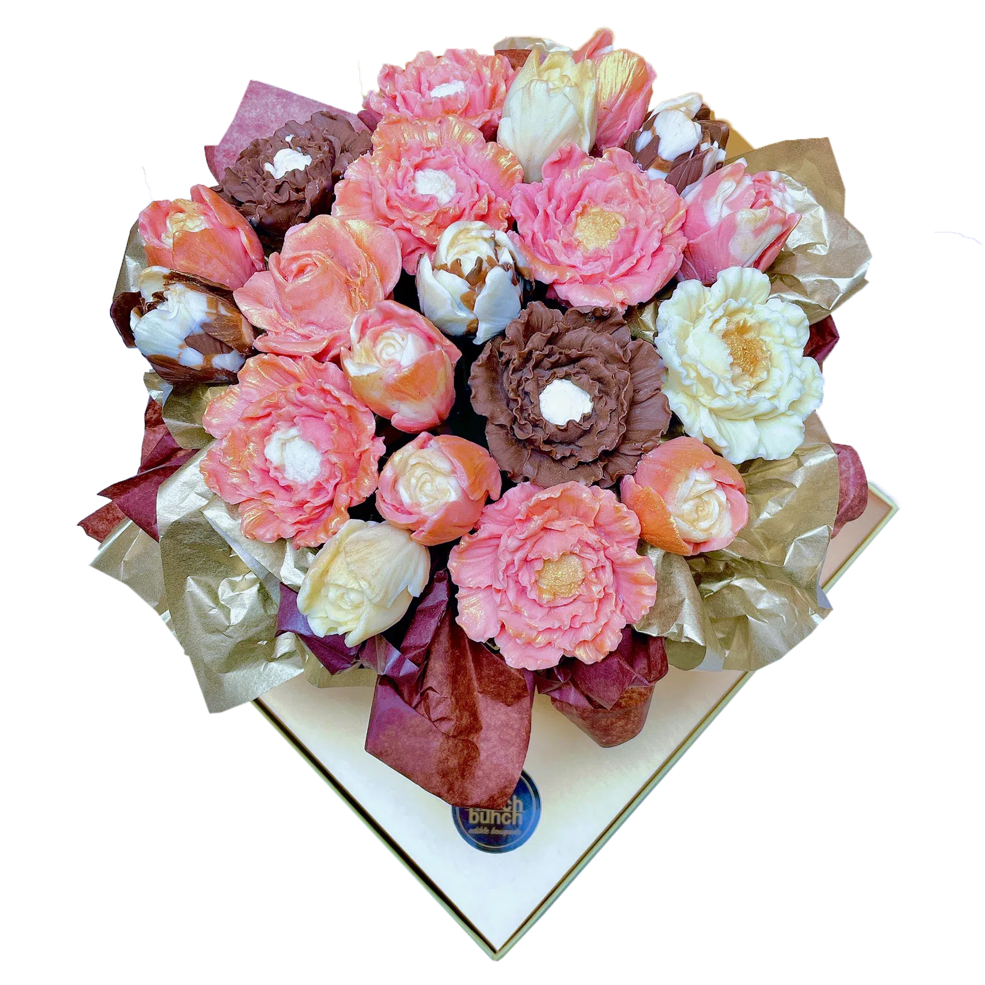 Feminine pink chocolate bouquet, chocolate flowers bouquet, 3-D chocolate roses, chocolate tulips, online chocolate flowers delivery