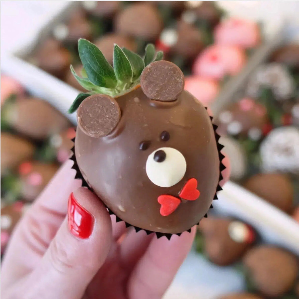Chocolate-covered strawberry decorated as a bear during a Lunch Bunch kids chocolate workshop