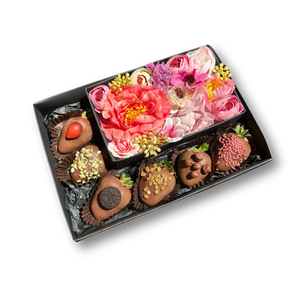 Chocolate Strawberry Gift Box with Silk Flowers featuring six chocolate covered strawberries and a keepsake flower box