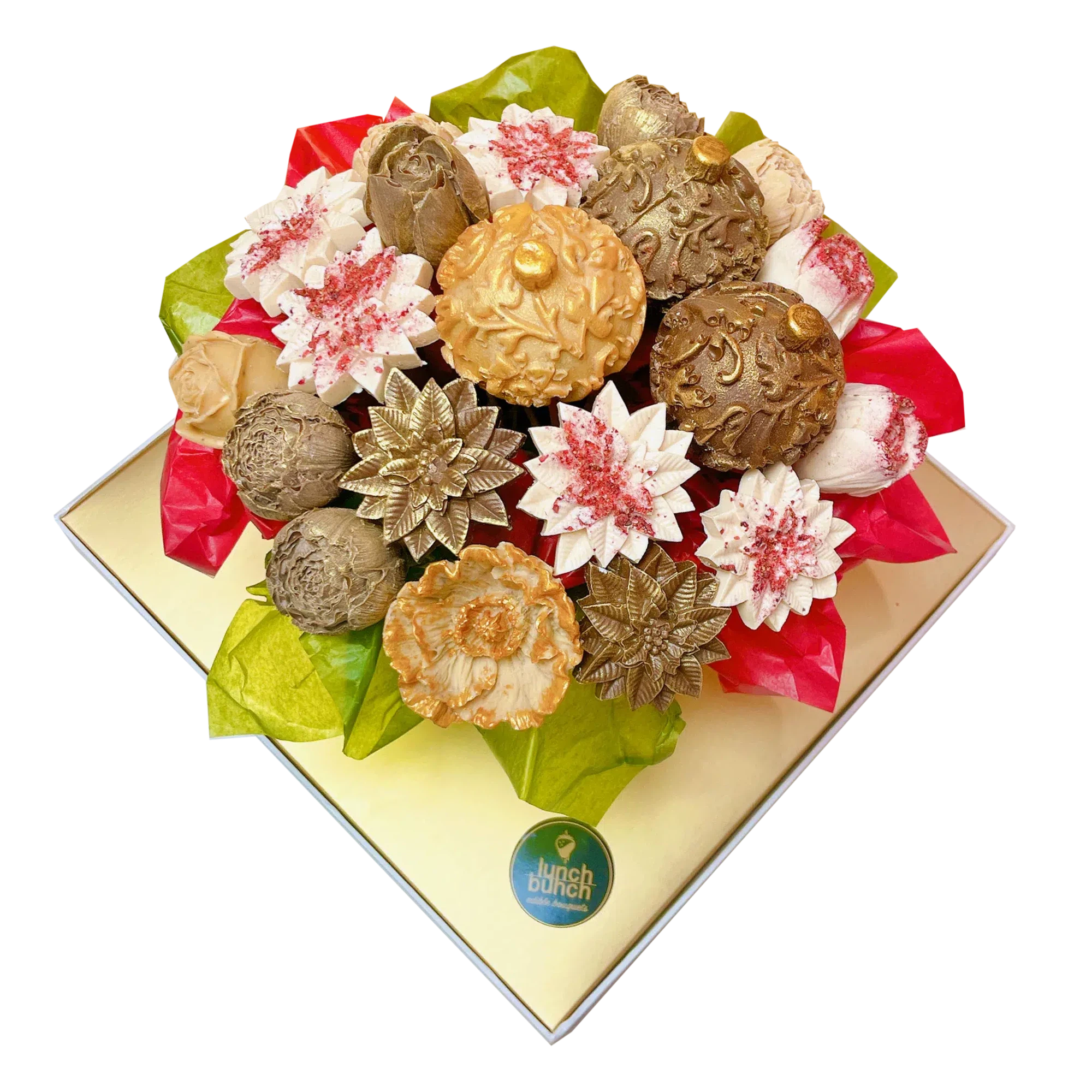 Chocolate Bouquet with Red Poinsettia Flowers, Christmas Balls Gift, Adelaide same day gift delivery, dessert box