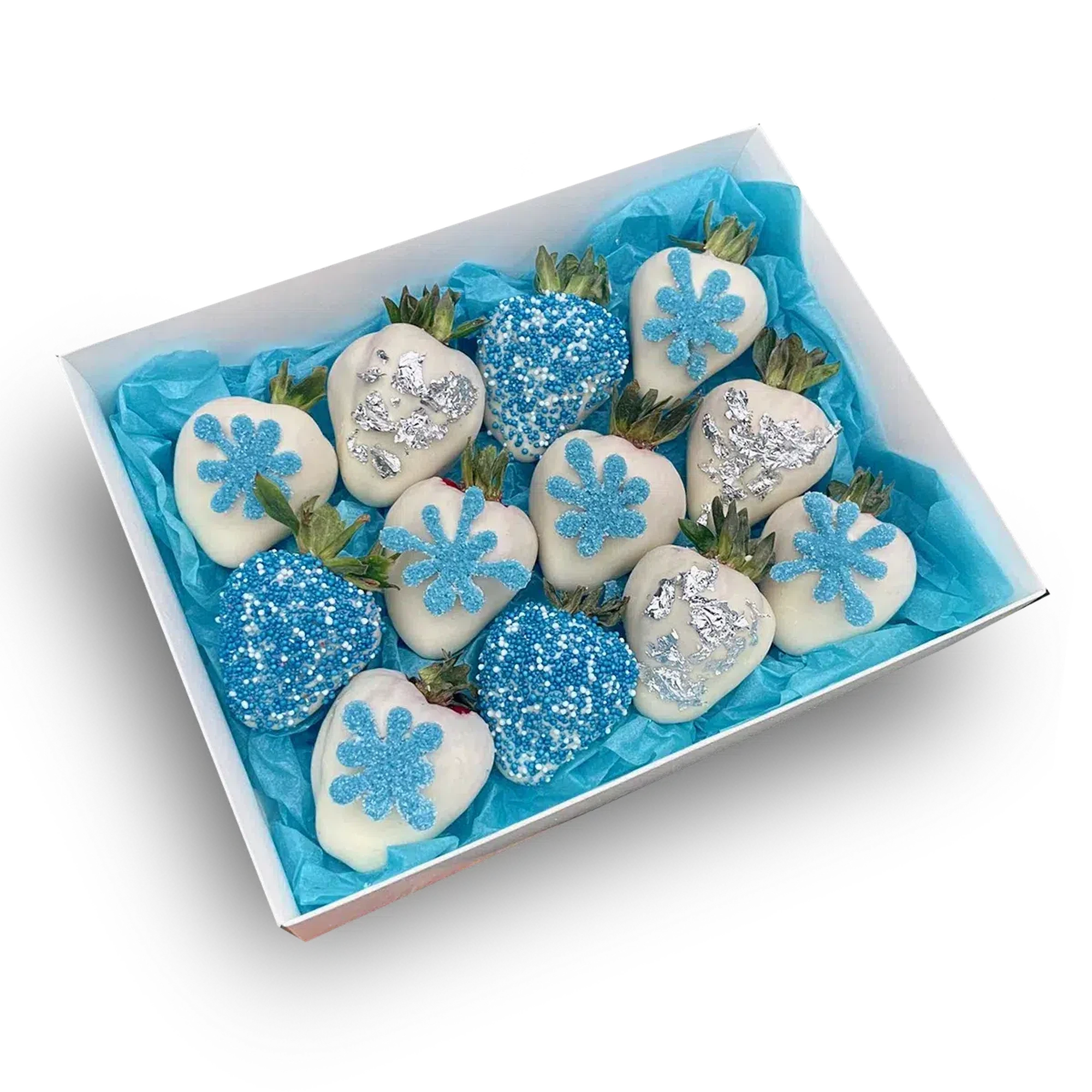 Gift Box Blue  chocolate-dipped strawberries. 