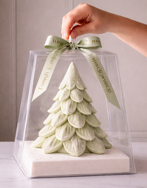 Decorative Christmas tree made of zephyr  in a clear packaging with a green ribbon. Favour box for corporate gifts.
