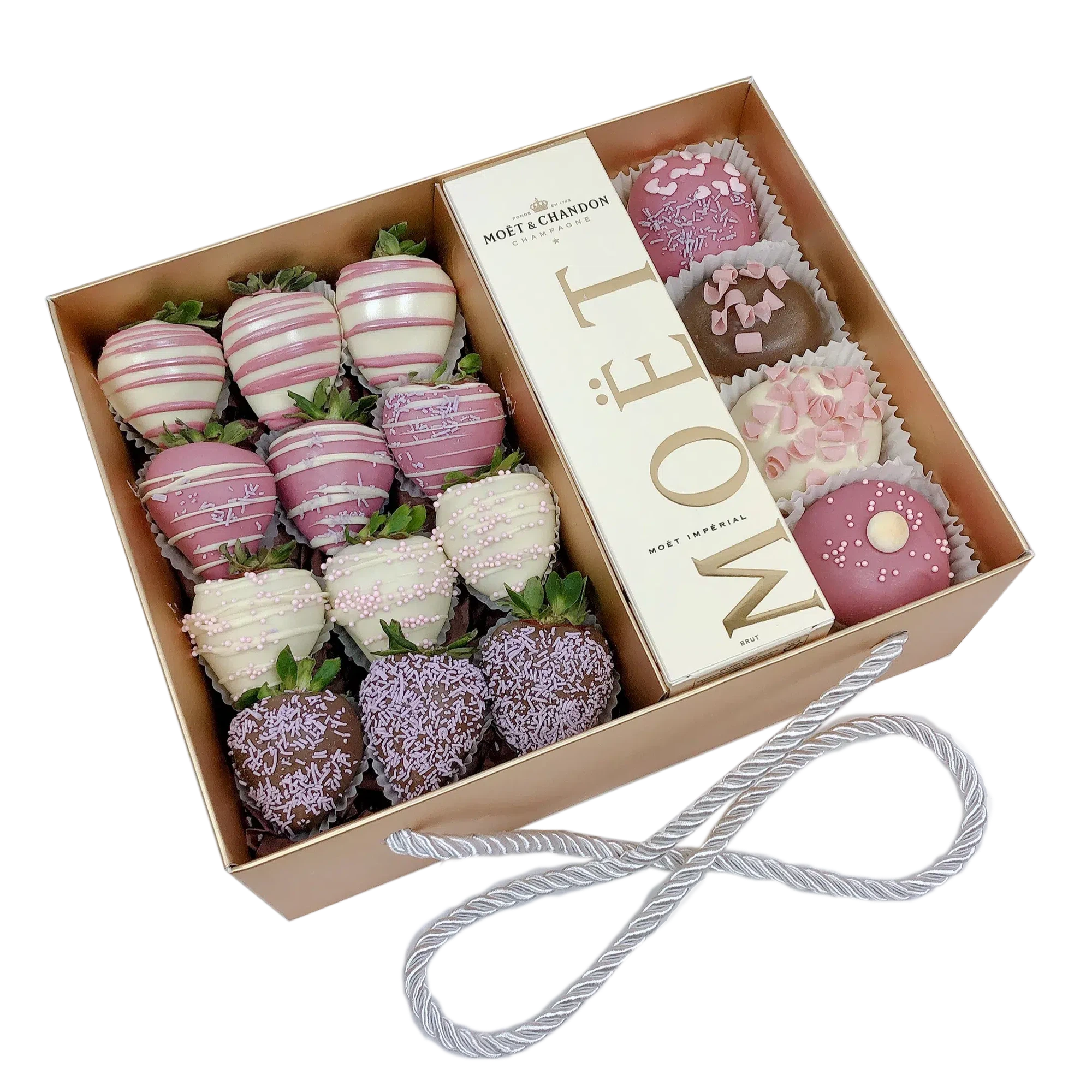 Donut, Moet & Chocolate Strawberries Pink Gift Hamper, Best sweet gift for a woman girly gift hamper