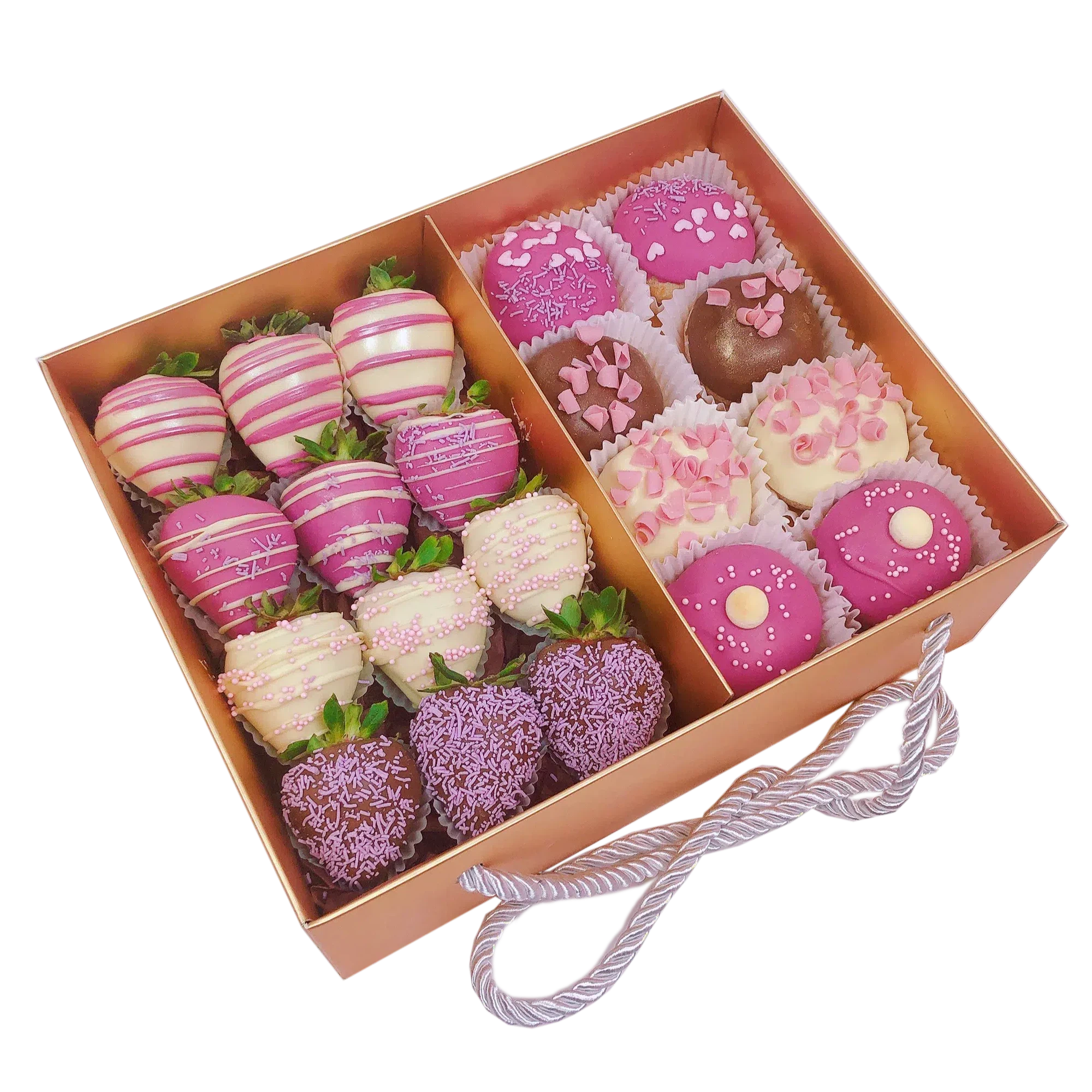 Doughnut and chocolate strawberry gift pumper hamper for her, pink chocolate online delivery