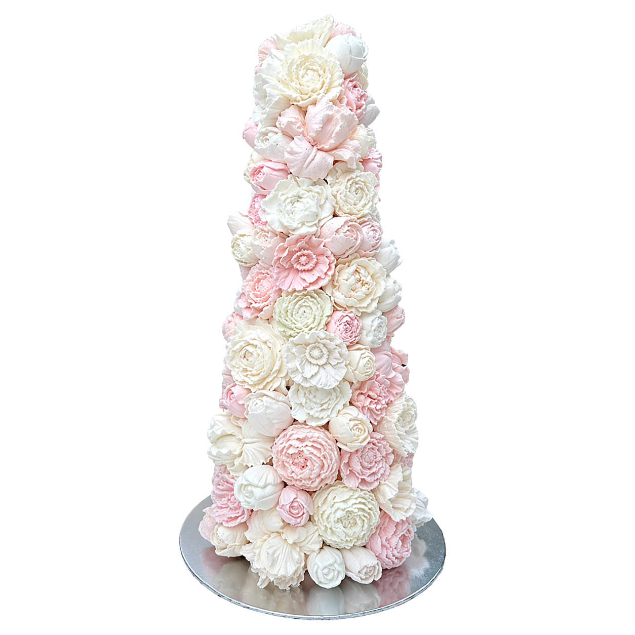 Event  floral tower with pink and white flowers made of zephyr or marshmallow  