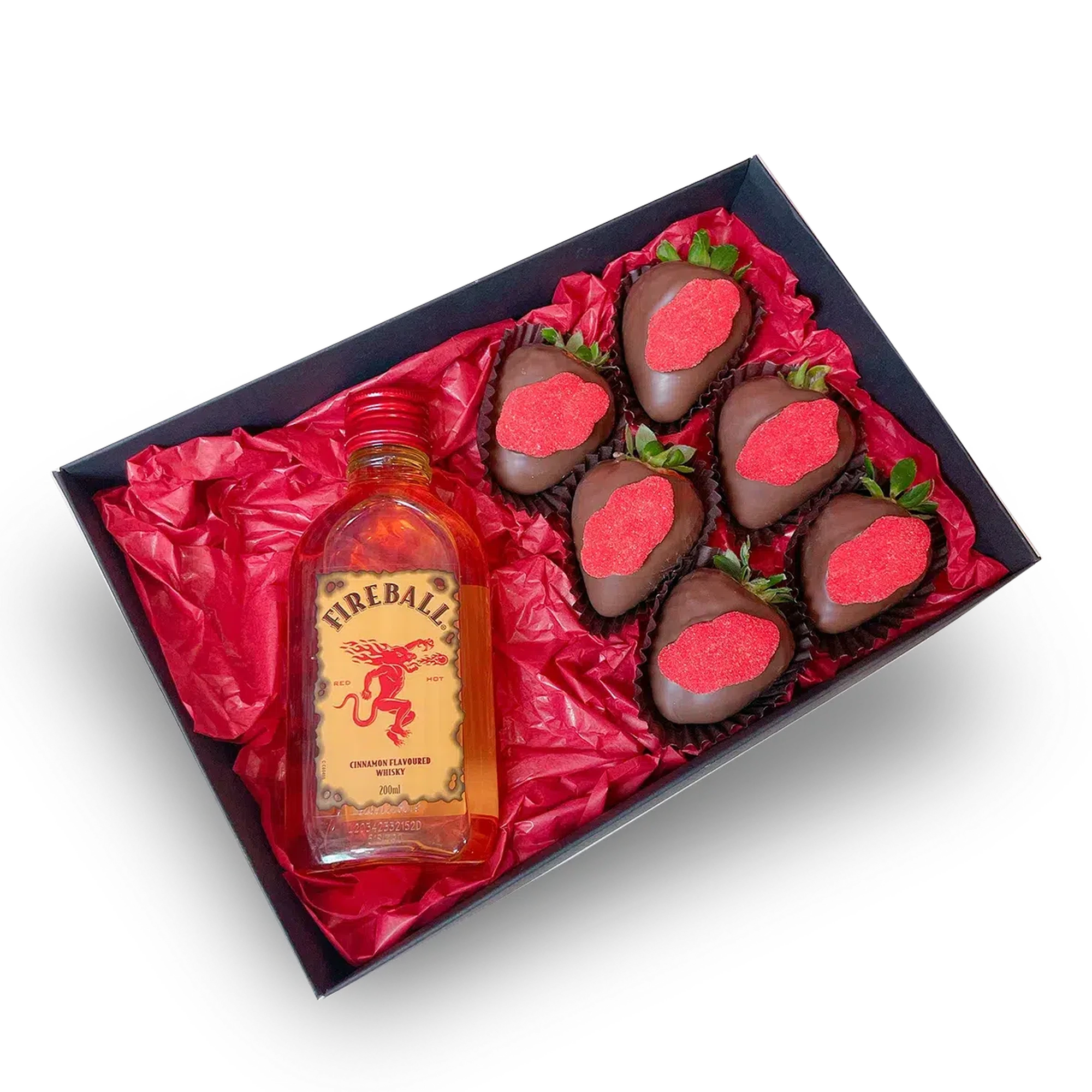 FireBall Whisky Gift Box, Sweet gift for him, Gift for a man same-day delivery Adelaide wide, Dessert Box and Brandy, Chocolate covered Strawberry box delivery, Chocolate Strawberries FireBall Whisky Box