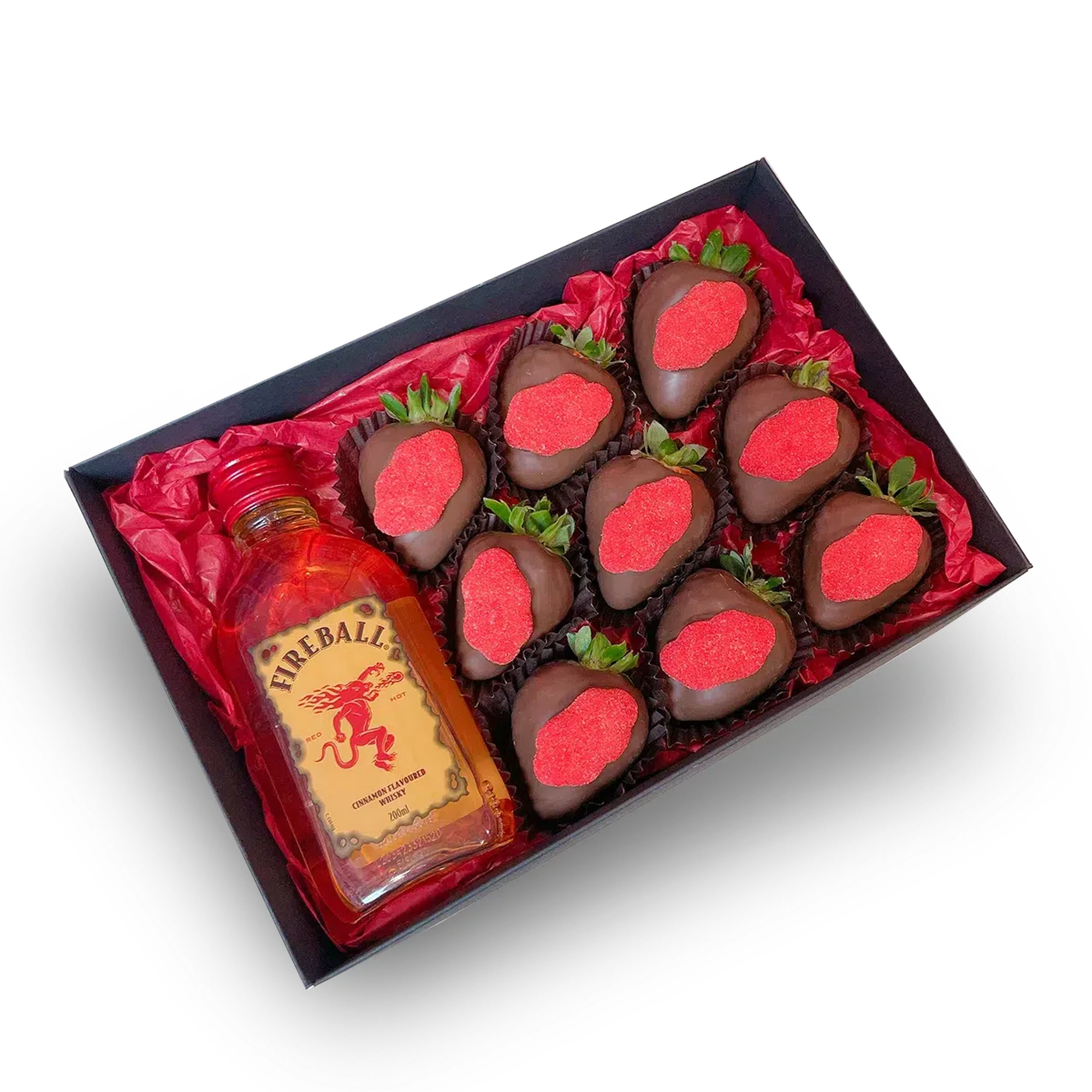 FireBall Whisky Gift Box, Sweet gift for him, Gift for a man same-day delivery Adelaide wide, Dessert Box and Brandy, Chocolate covered Strawberry box delivery, Chocolate Strawberries FireBall Whisky Box