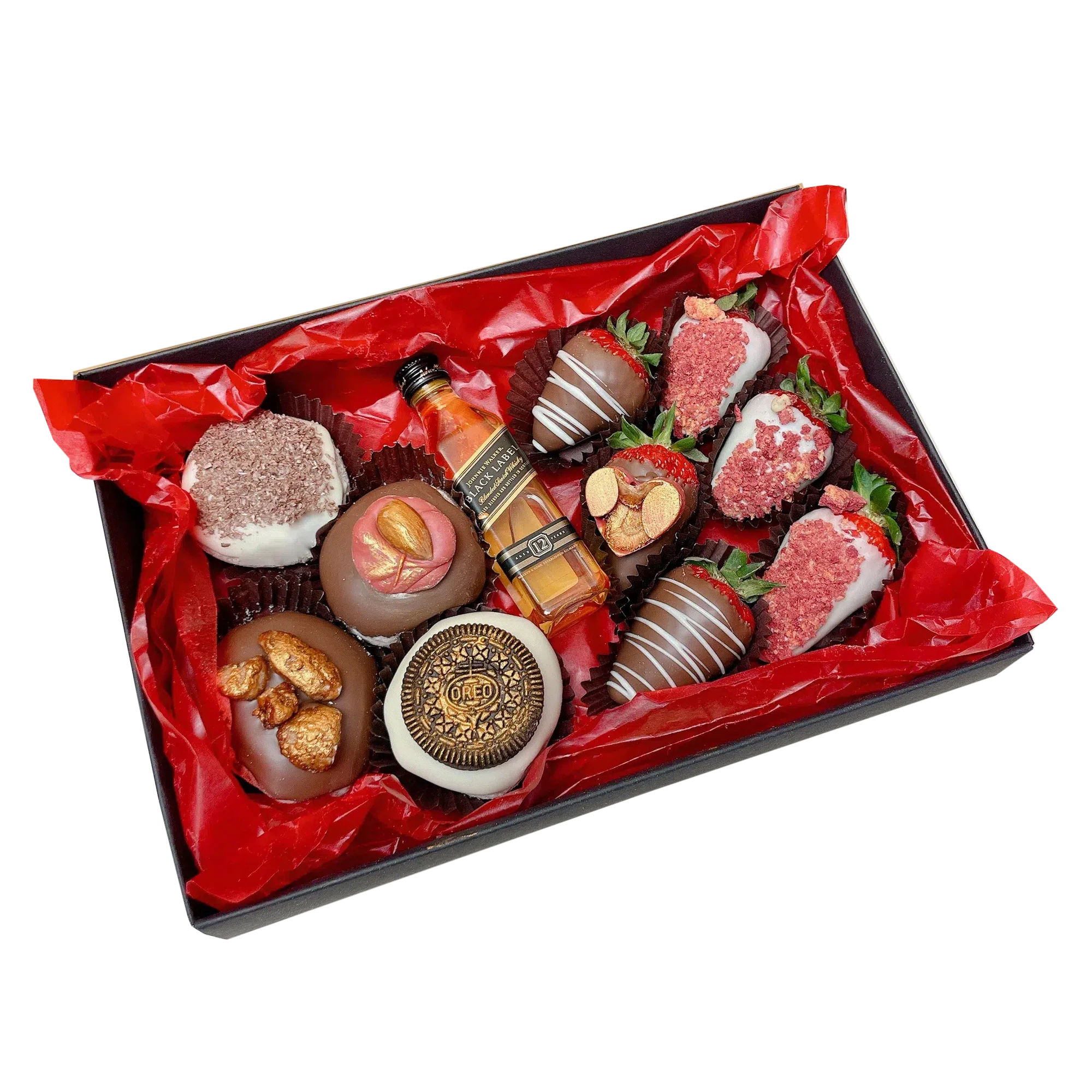 Dessert back for Christmas, Sweet gift for him, Gift for a man same-day delivery Adelaide wide, Donut Box and whiskey, Chocolate covered Strawberry box delivery