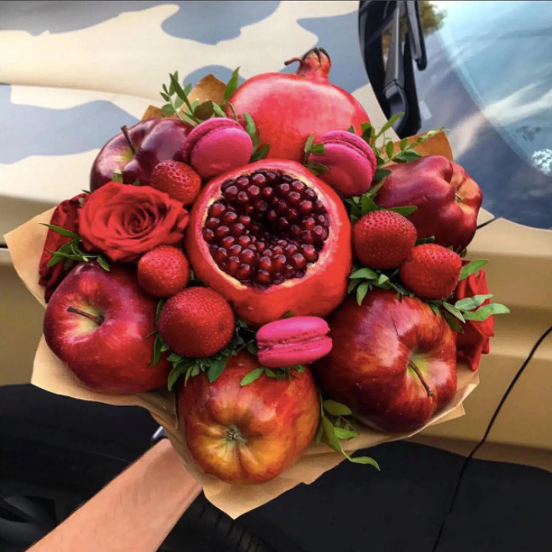 Lady in Red Macarons & Fruit Bouquet-Fruit Bouquets-Medium-Lunch Bunch