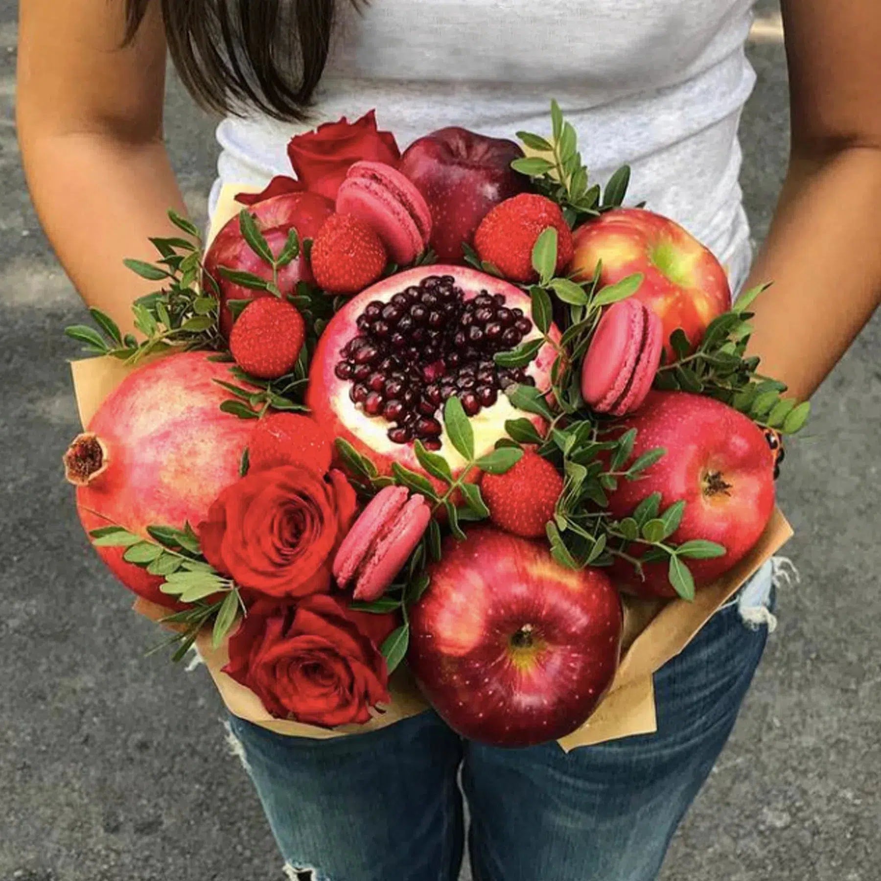 Lady in Red Macarons & Fruit Bouquet-Fruit Bouquets-Medium-Lunch Bunch