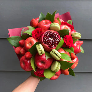 Lady in Red Macarons & Fruit Bouquet-Fruit Bouquets-Large-Lunch Bunch