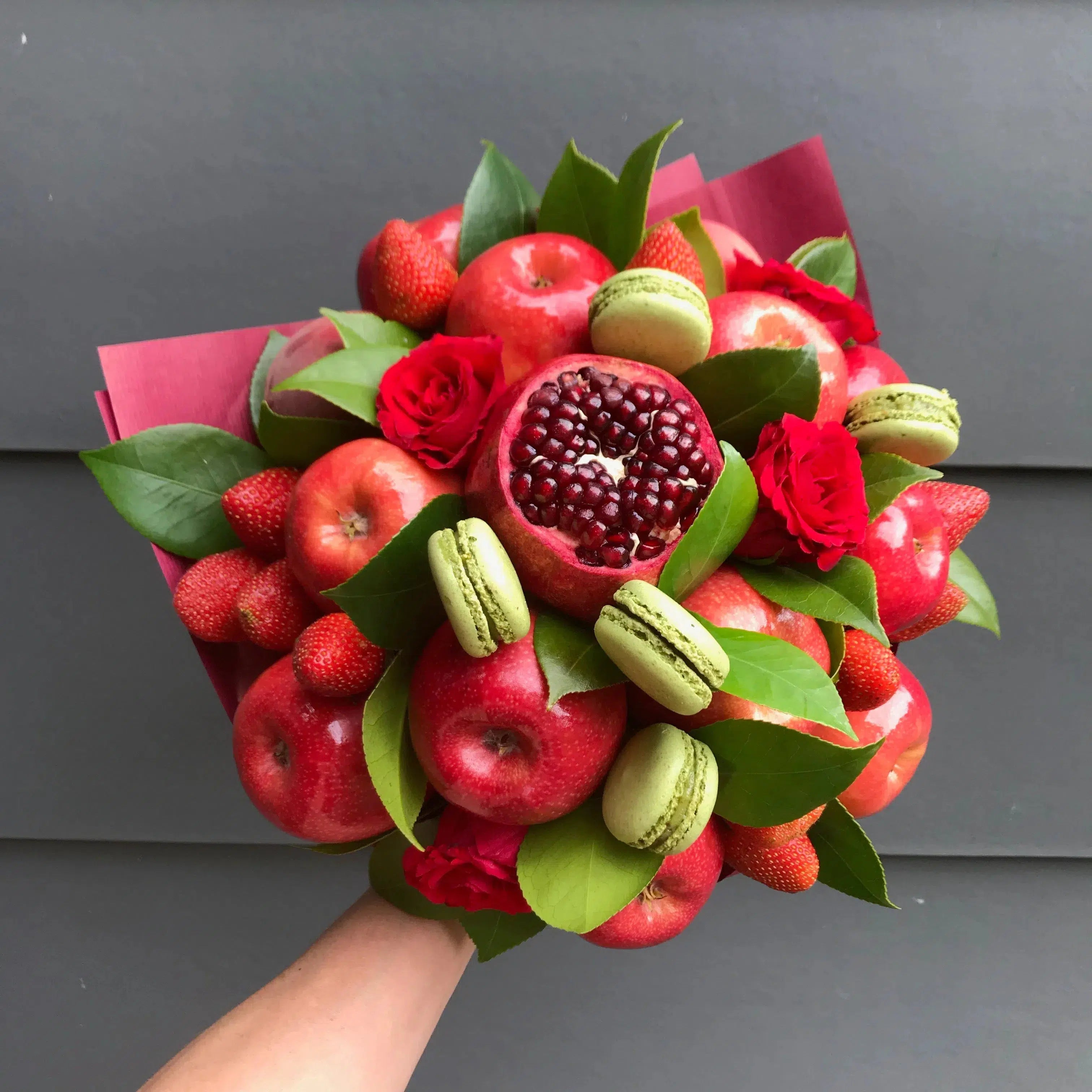 Lady in Red Macarons & Fruit Bouquet-Fruit Bouquets-Large-Lunch Bunch