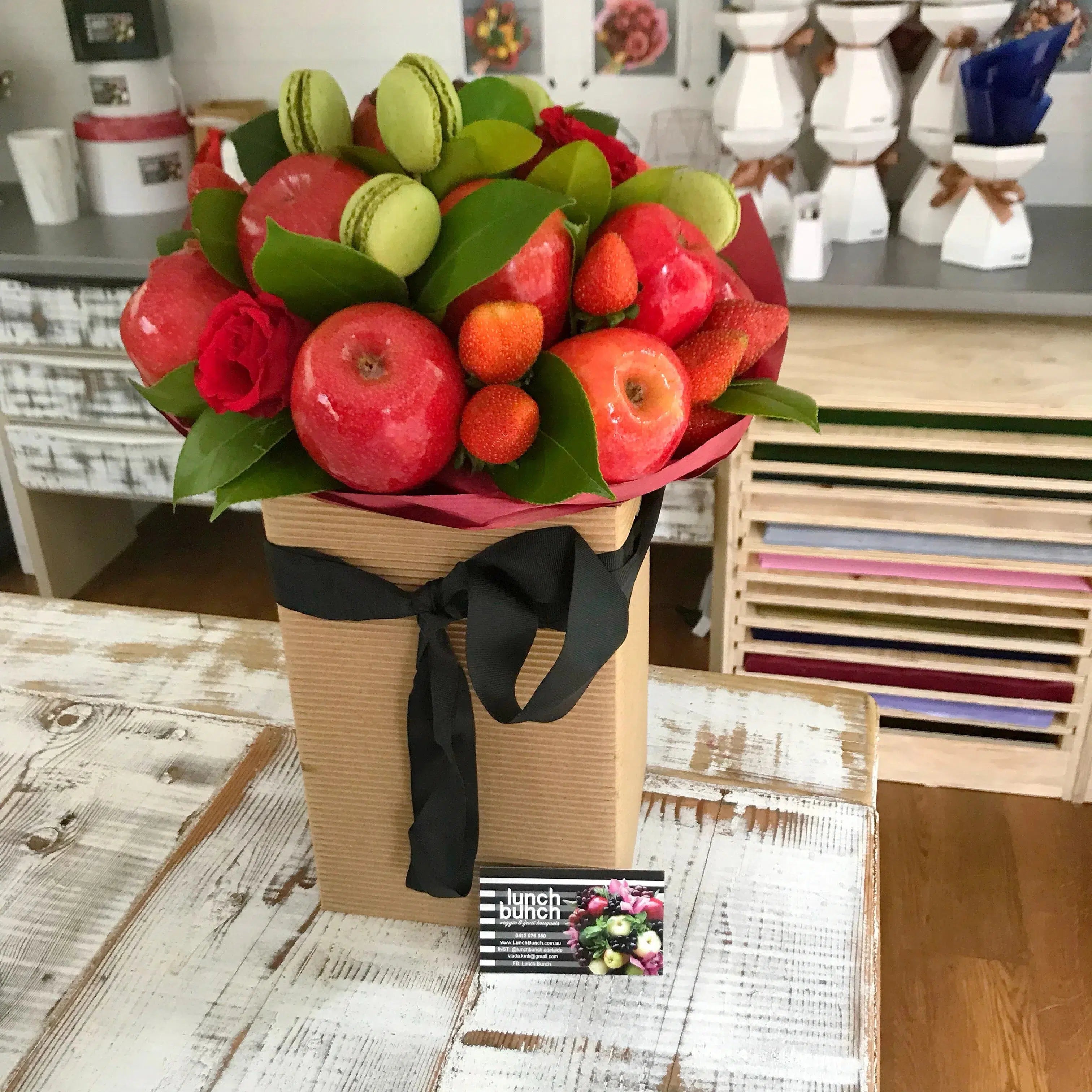 Lady in Red Macarons & Fruit Bouquet-Fruit Bouquets-Medium-Lunch Bunch