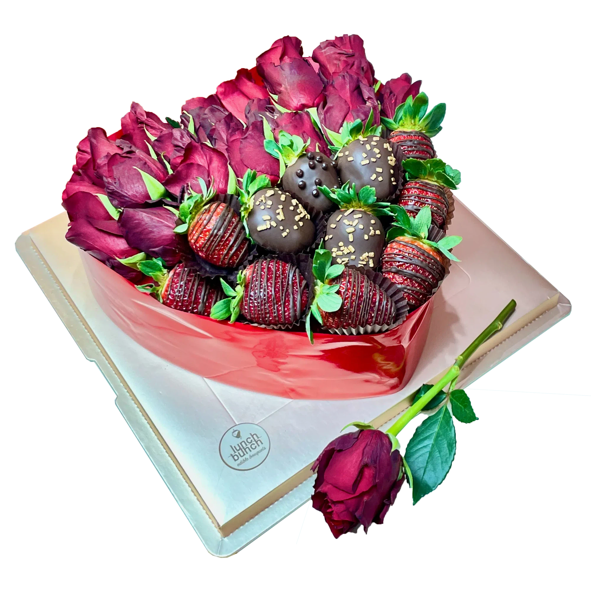 Love Heart Roses Chocolate Strawberries Gift Box, Red Roses Love Heart, Roses and Chocolate delivery same day.