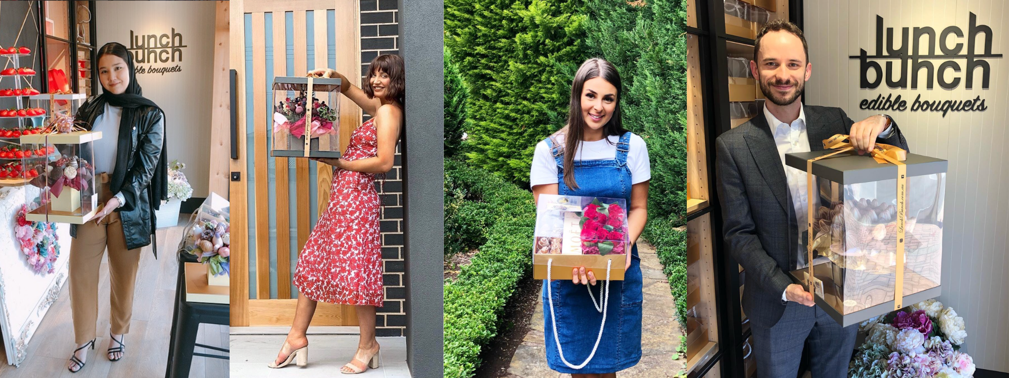 Collage of people holding 'lunch bunch' gift boxes in various settings.