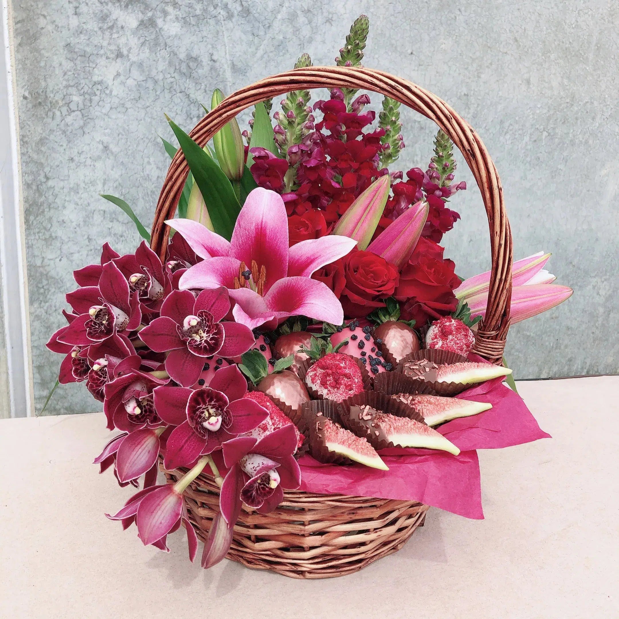 Luxury Flowers & Chocolate Strawberries Basket, basket was red flowers strawberries covered in chocolate