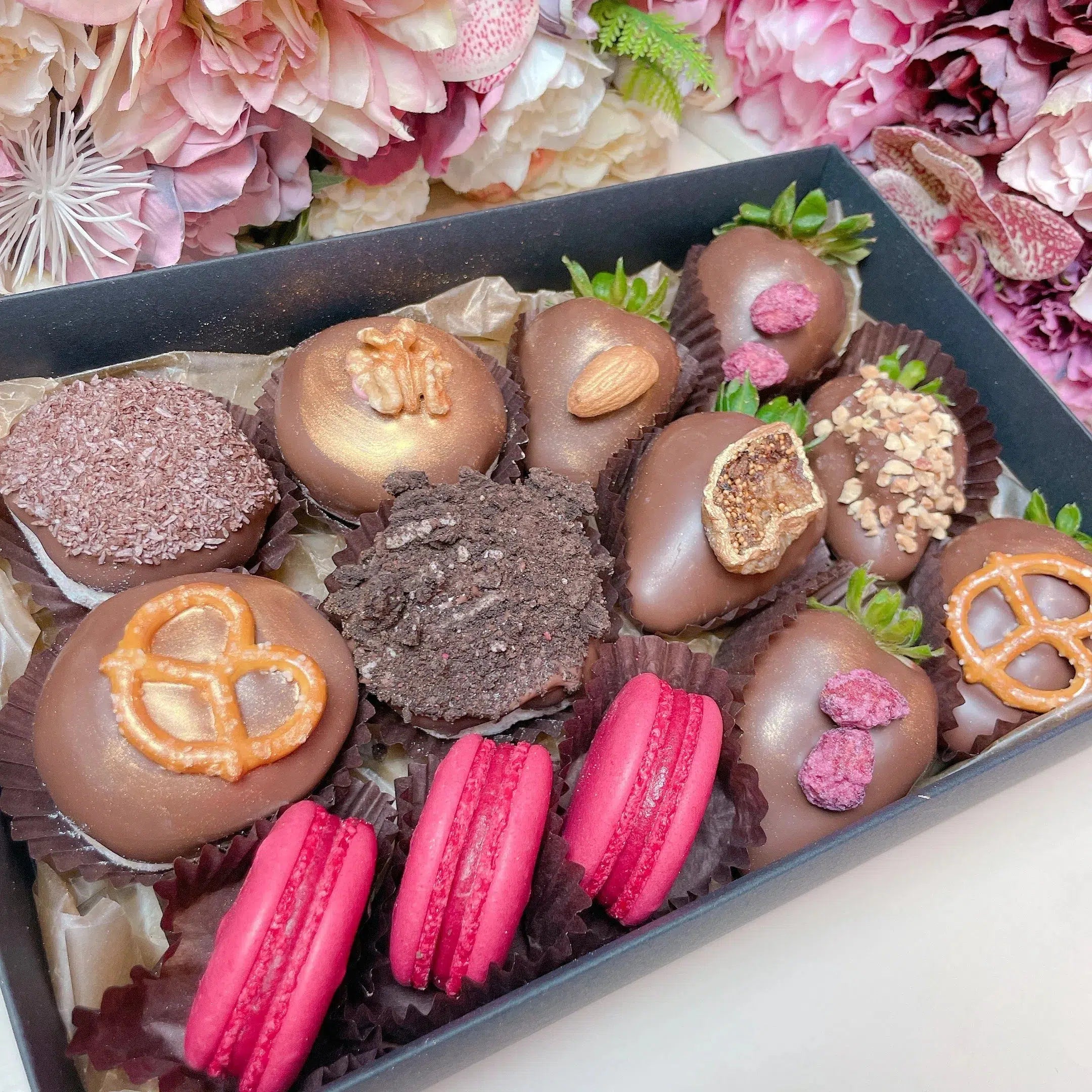 Macarons, Donuts & Chocolate Covered Strawberries Gift Box-Dessert Gift Box-Lunch Bunch