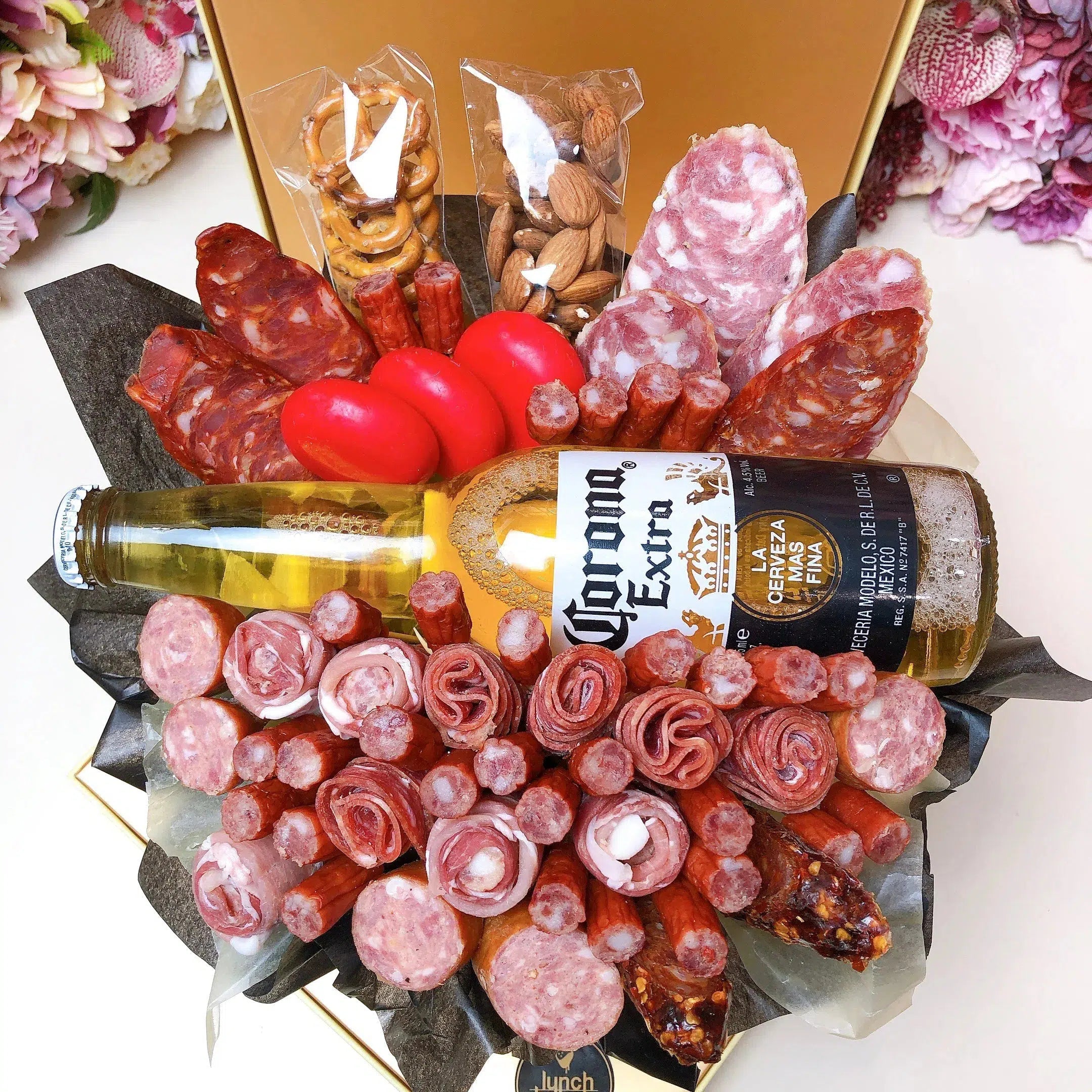 Corona Beer bouquet , Meat and Cheers Bouquet, savoury grazing basket