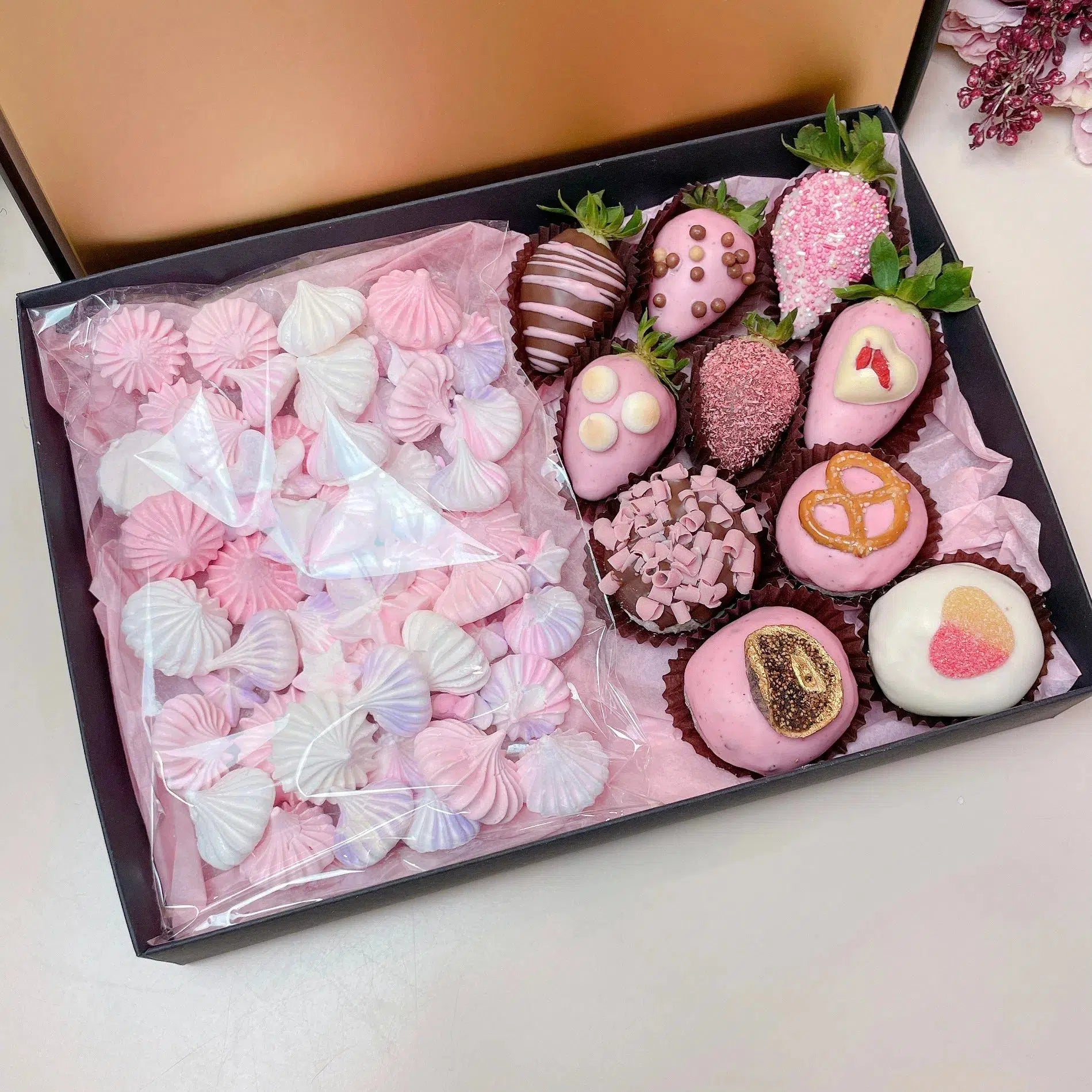 Meringue Kisses, Chocolate Strawberries and Donuts Treat Box-Dessert Gift Hamper-Lunch Bunch