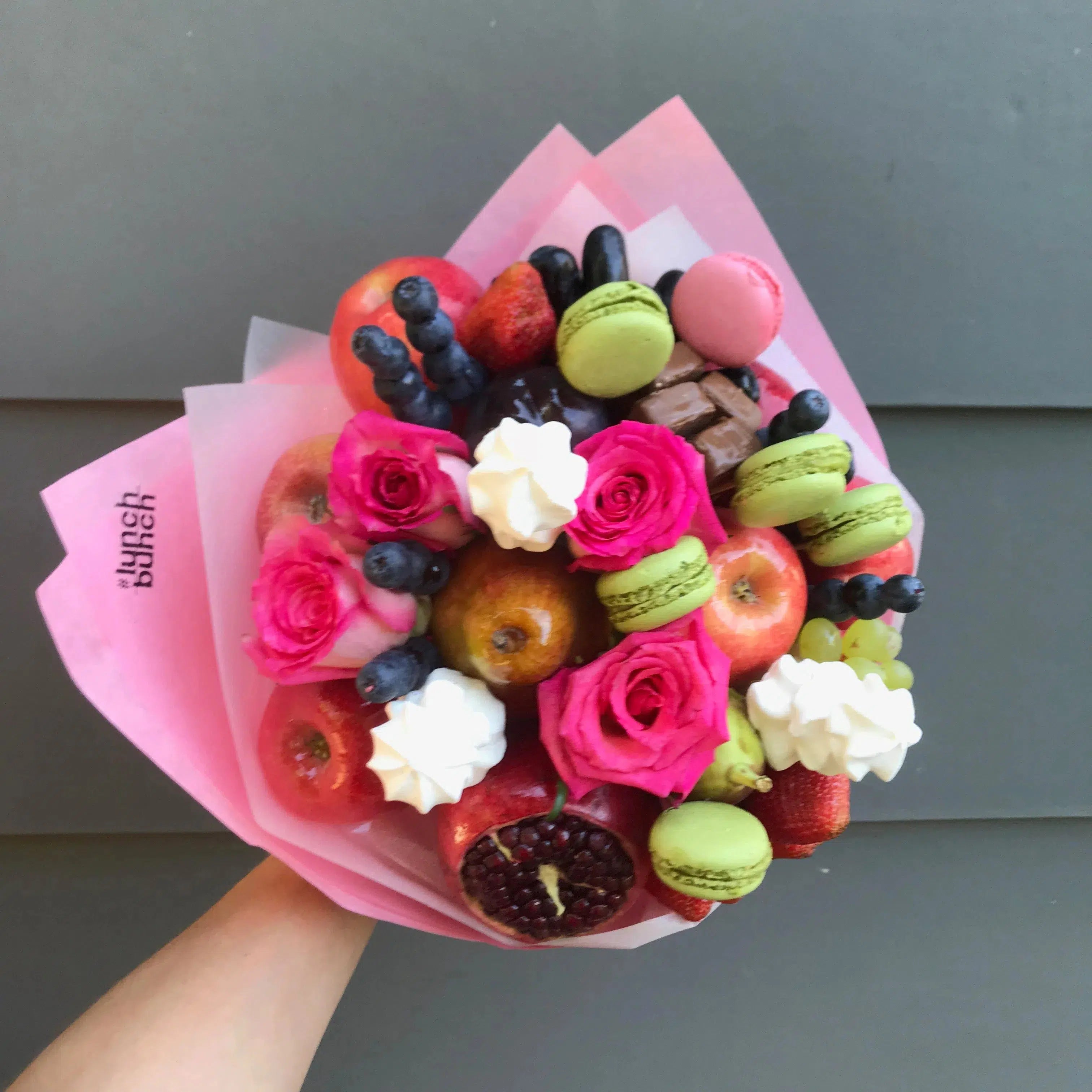 "Mother's Love" Chocolate, fruits, berries, flowers and macarons bouquet