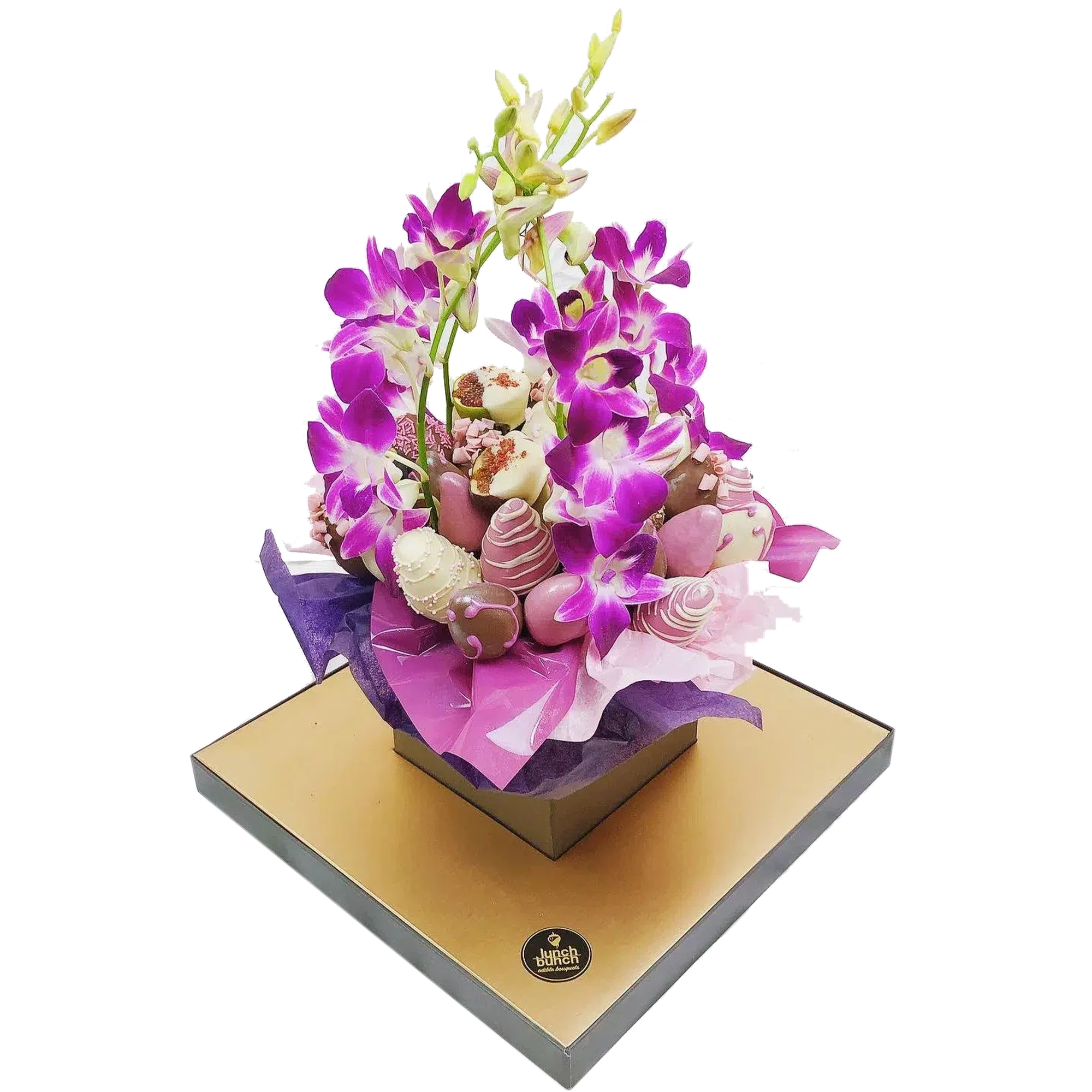 Orchids & Chocolate Strawberries Bouquet purple flowers and chocolate gift same day delivery Adelaide