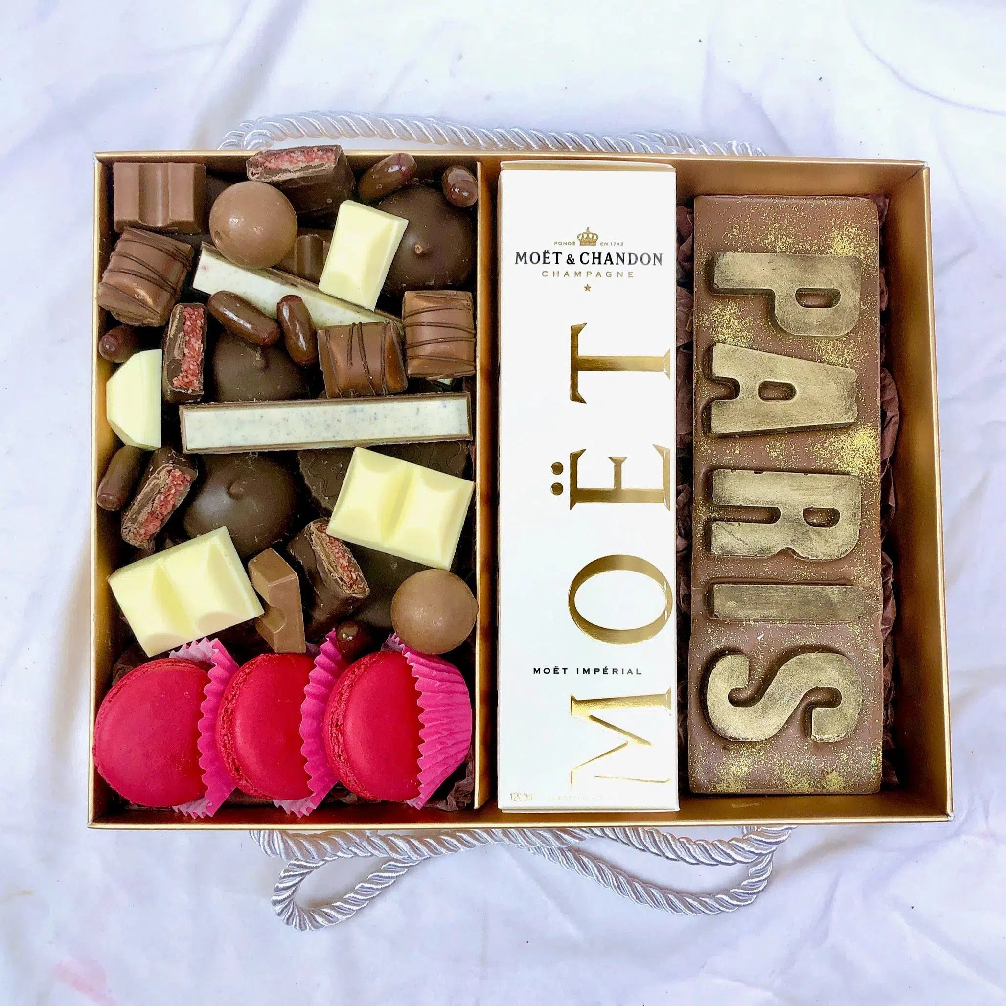 "PARIS" Personalised Chocolate Letters Hamper, chocolate assortment box was macarons and champagne same day delivery gift Adelaide