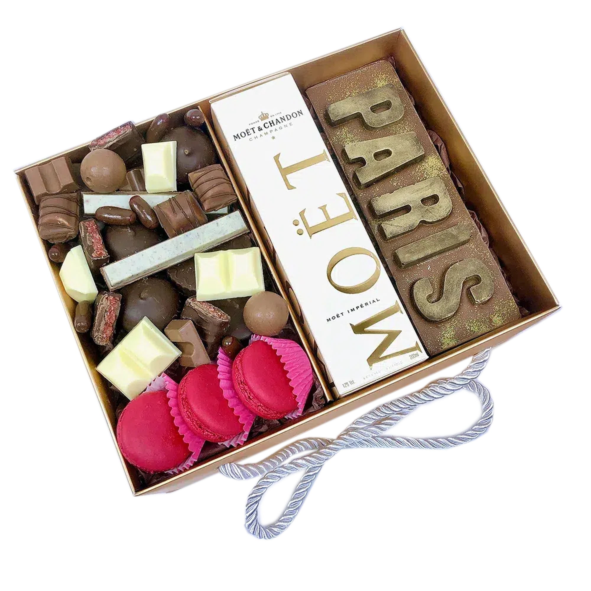 Personalise chocolate letters with champagne chocolate assortment and macarons in a luxury hamper