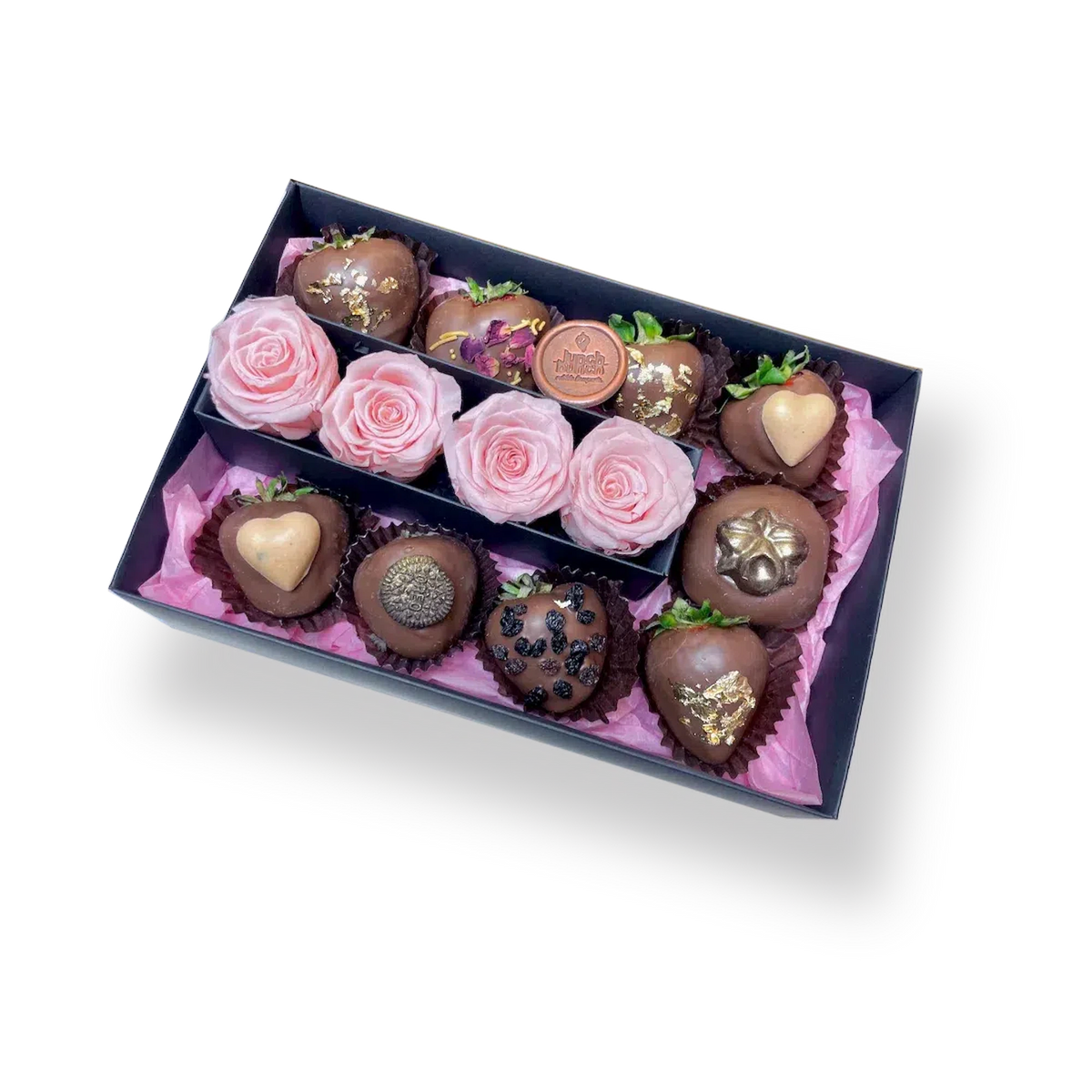 Pink Preserved Roses Melbourne | Chocolate Strawberries & Donuts Box