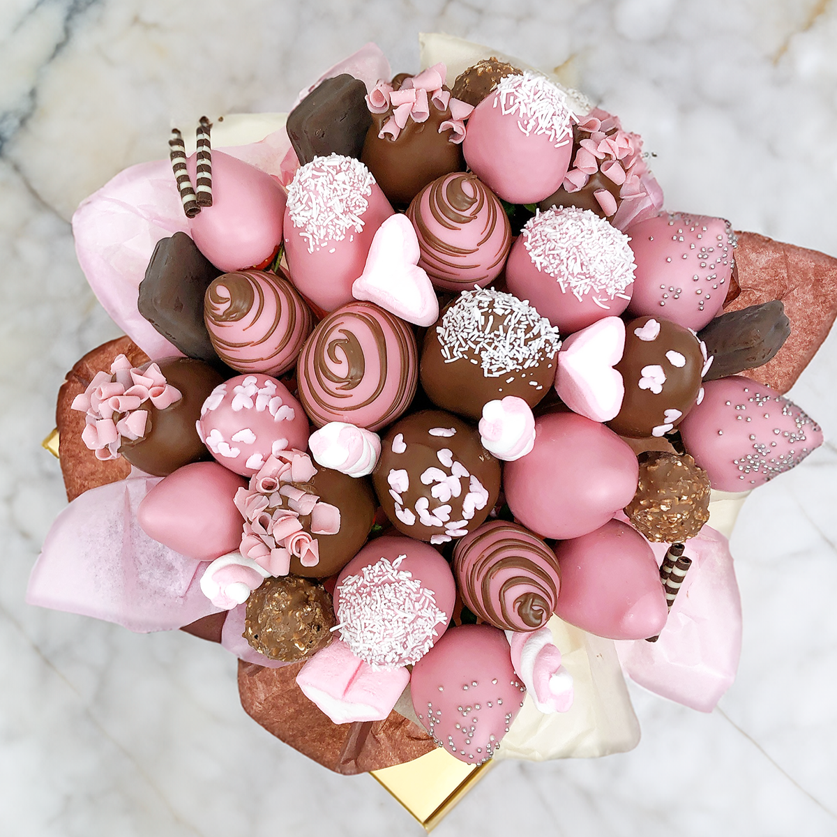 pink chocolate gift, strawberry dipped in chocolate, gift for her