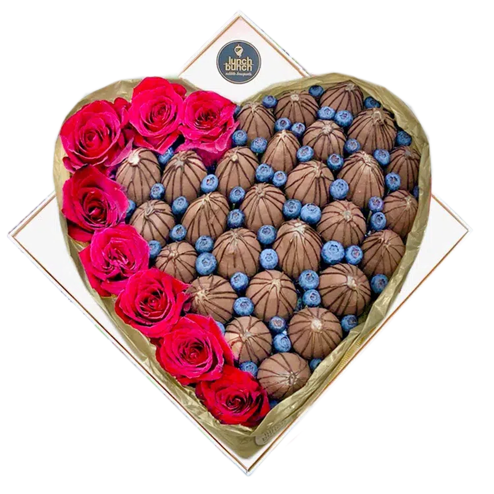 Romantic chocolate strawberries and and Roses heart box sweet treat for Valentine's Day