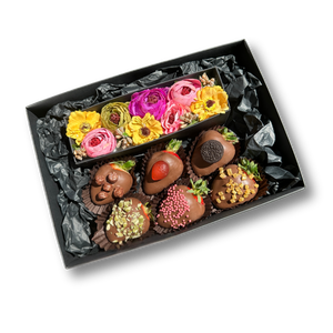 Strawberry and Silk Flower Gift Box with chocolate covered strawberries and a keepsake flower box