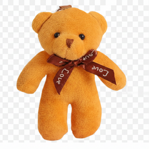 Small brown teddy bear with a 'love' ribbon on a white background