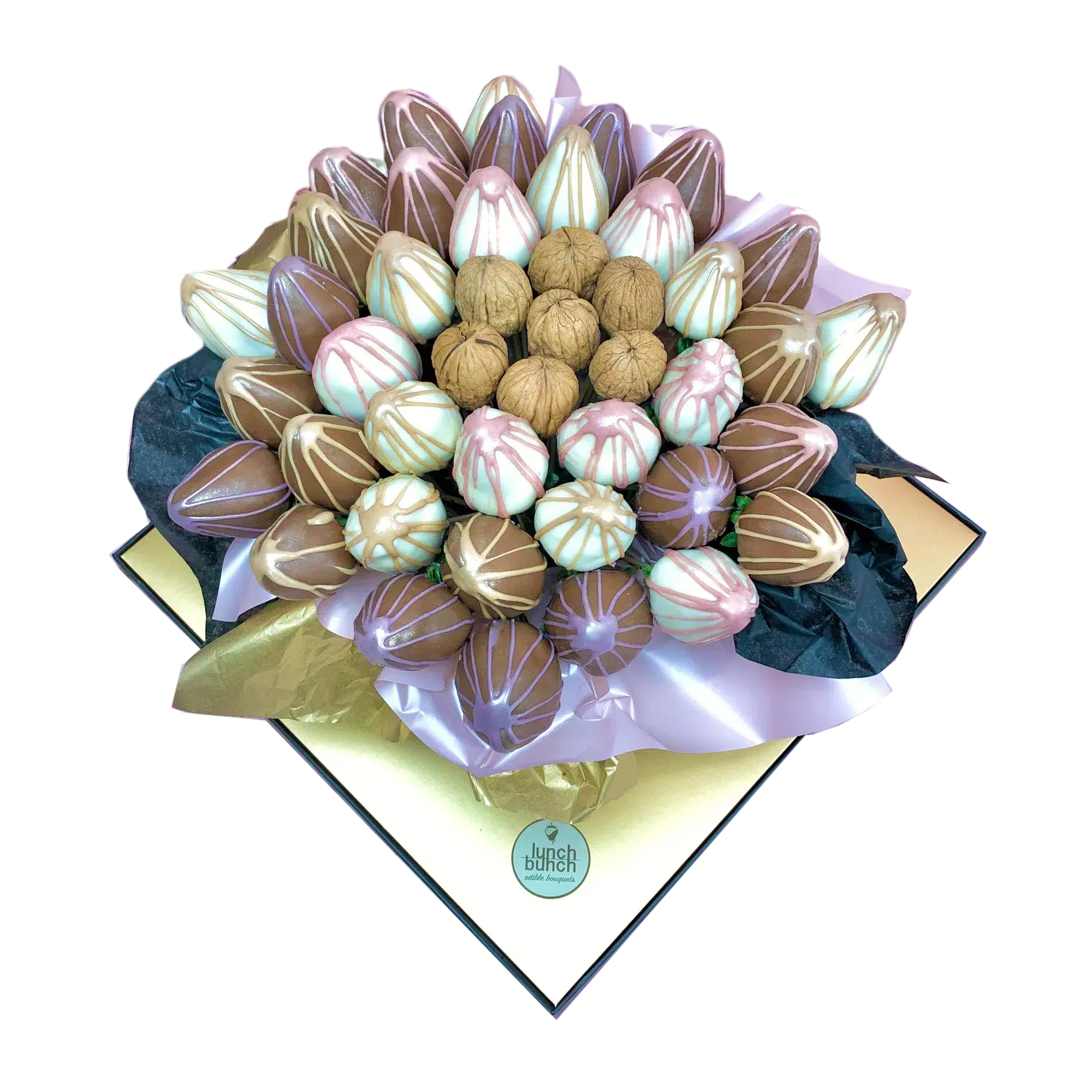 Handcrafted edible bouquet of walnuts and chocolate covered strawberries Bouquet in a transparent gift box